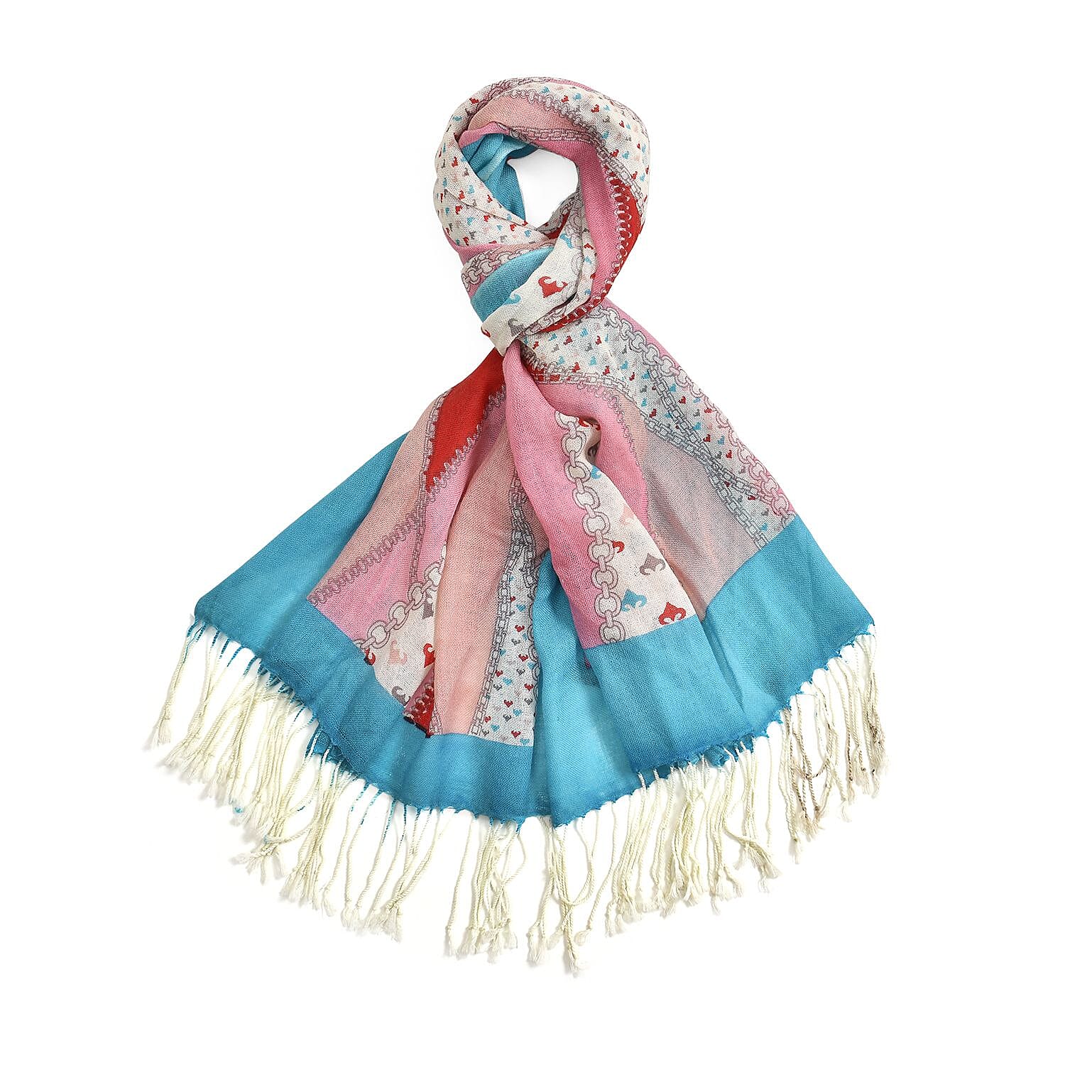 La Marey Merino Wool Ribbon Pattern Scarf (Size 175x65 cm) - Red - Pink