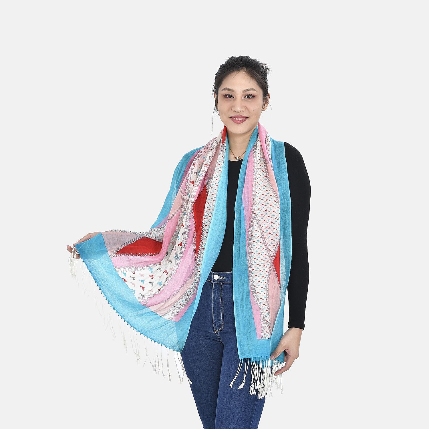 La Marey Merino Wool Ribbon Pattern Scarf (Size 175x65 cm) - Red - Pink