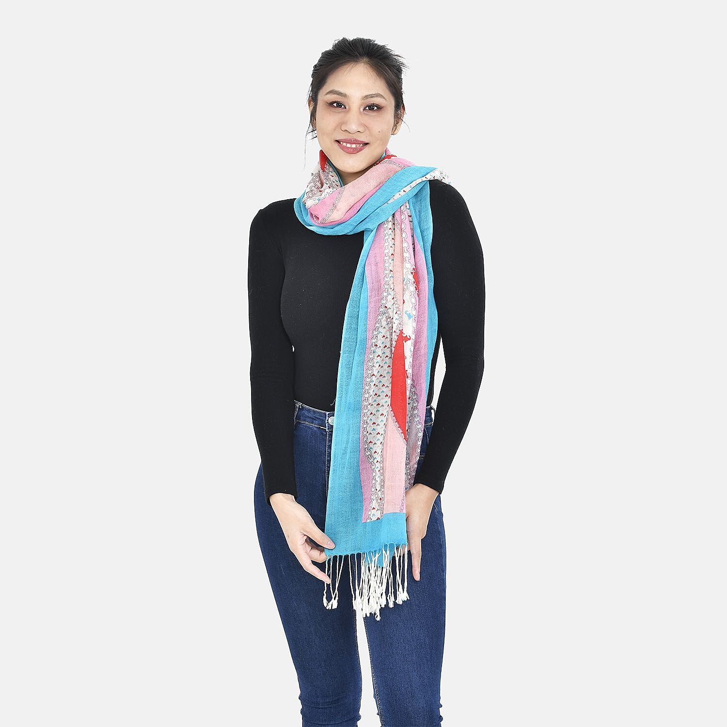 La Marey Merino Wool Ribbon Pattern Scarf (Size 175x65 cm) - Red - Pink