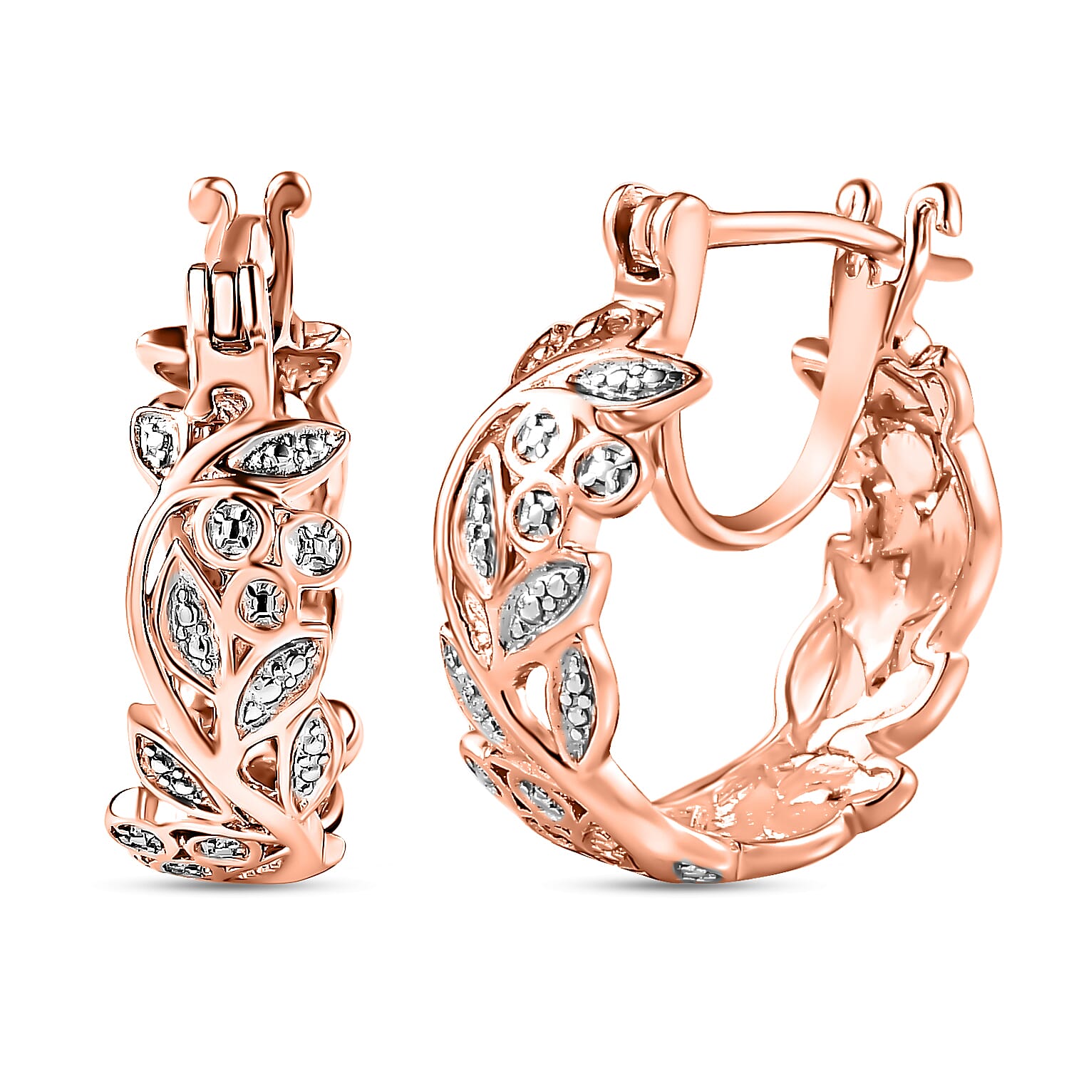 Diamond Hoop Earrings (with Clasp) in 18K Vermeil Rose Gold Plated Sterling Silver 0.012 Ct.