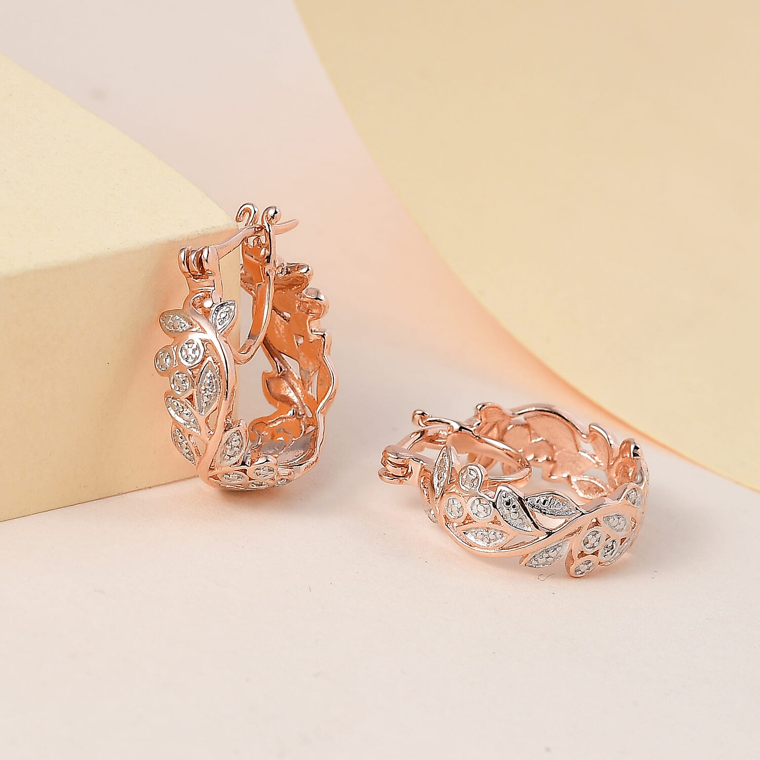 Diamond Hoop Earrings (with Clasp) in 18K Vermeil Rose Gold Plated Sterling Silver 0.012 Ct.