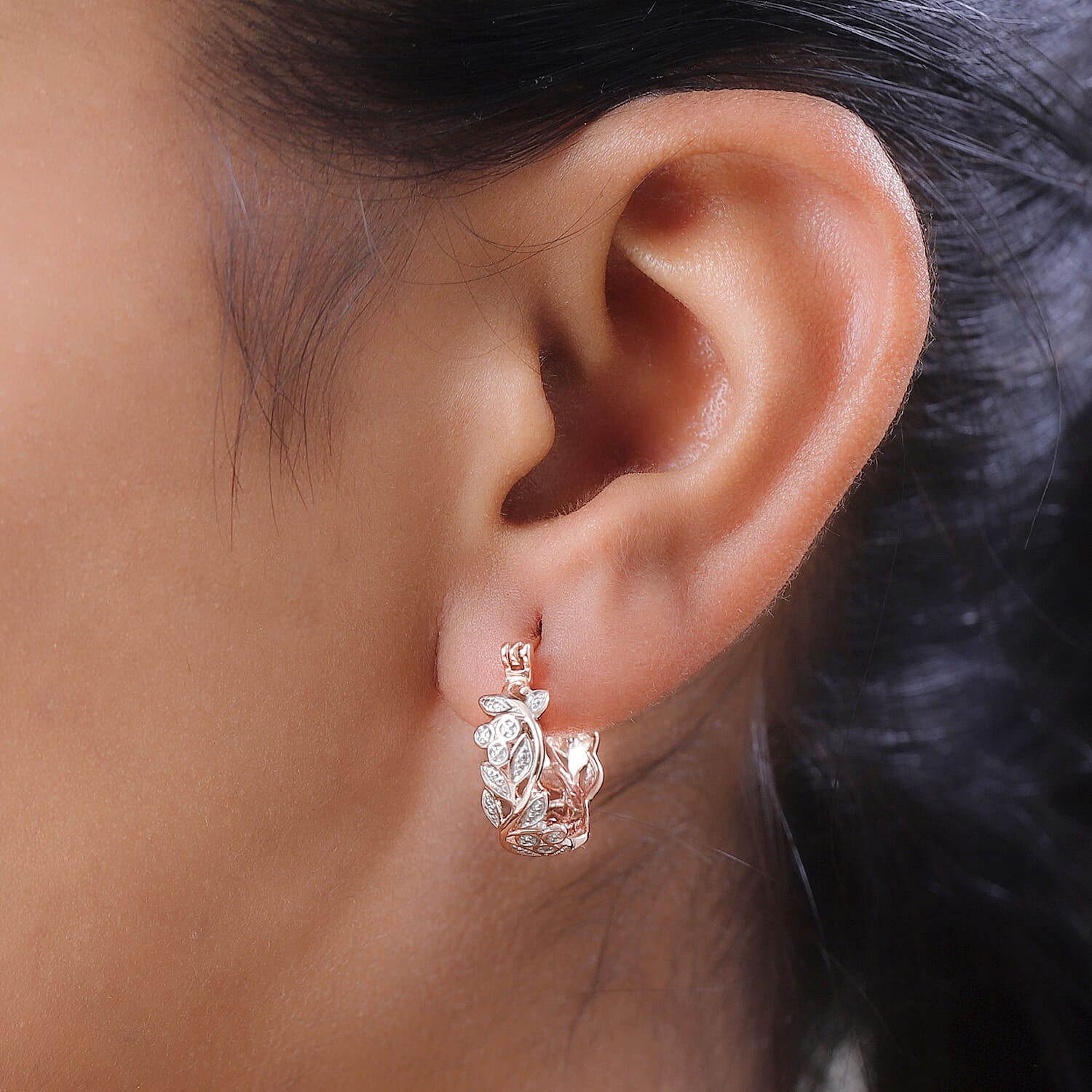 Diamond Hoop Earrings (with Clasp) in 18K Vermeil Rose Gold Plated Sterling Silver 0.012 Ct.