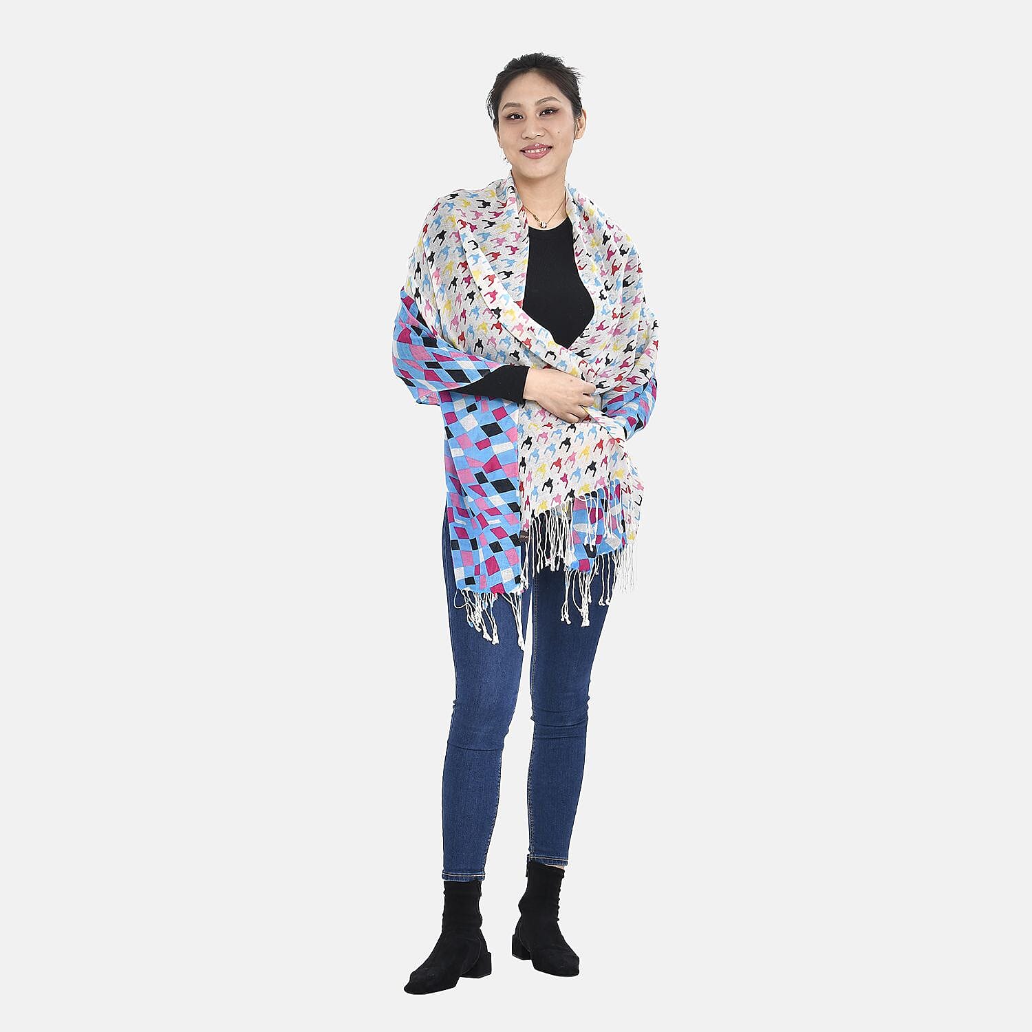 La Marey 100% Merino Wool Checkered Scarf (Size 175x9cm) - Blue