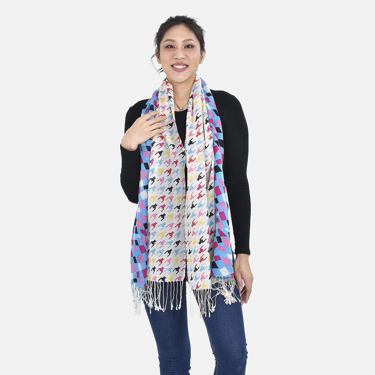 La Marey 100% Merino Wool Checkered Scarf (Size 175x9cm) - Blue