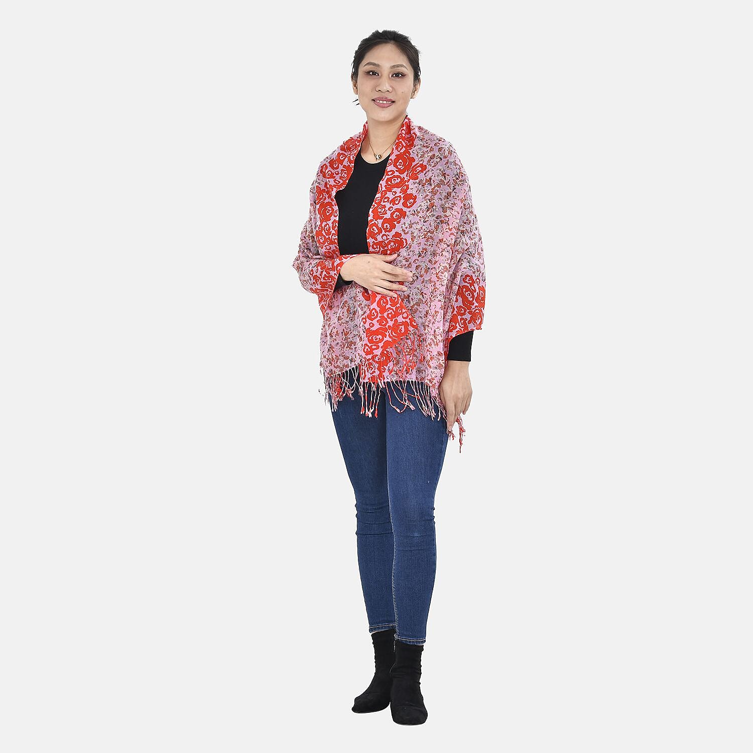 La Marey Merino Wool Irregular Circle Scarf (Size 175x65 cm) - Red - Pink