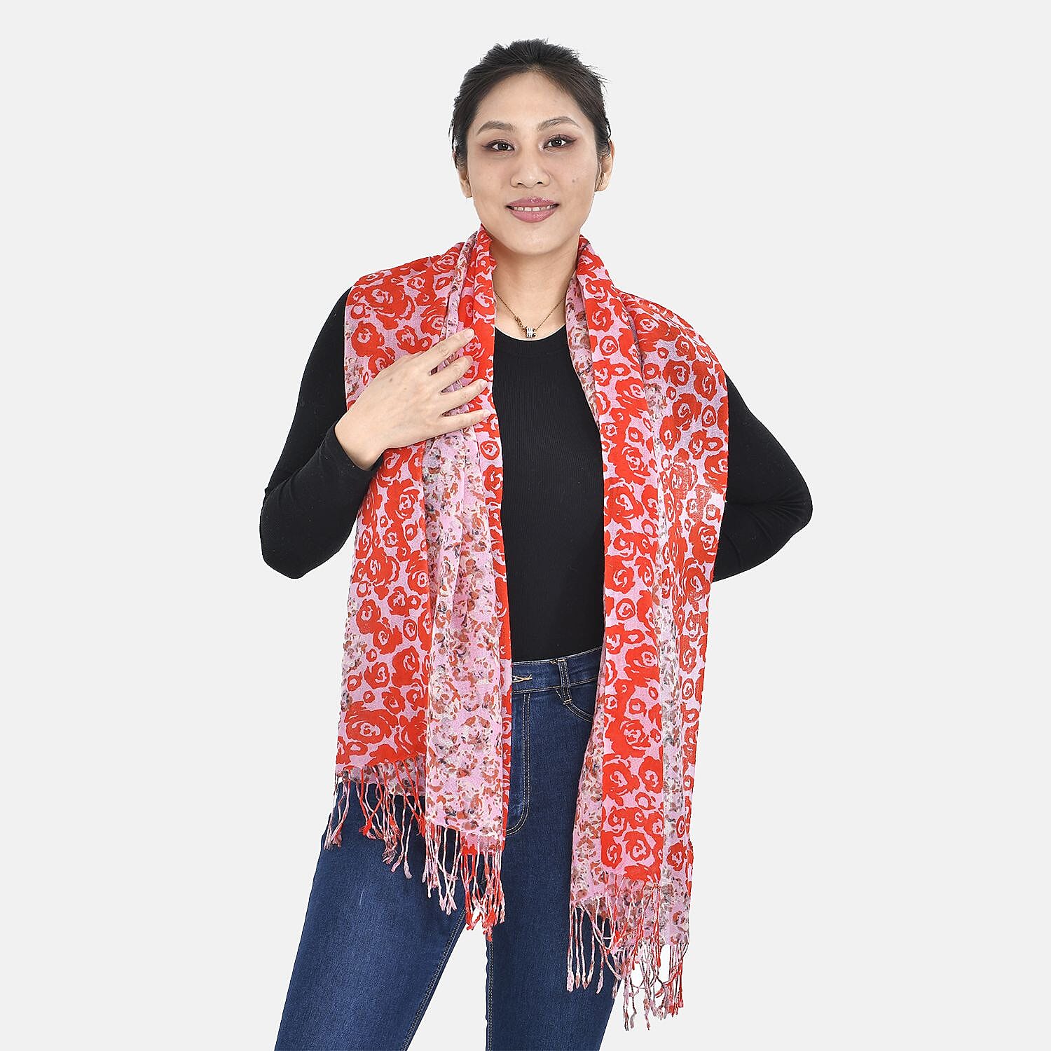 La Marey Merino Wool Irregular Circle Scarf (Size 175x65 cm) - Red - Pink