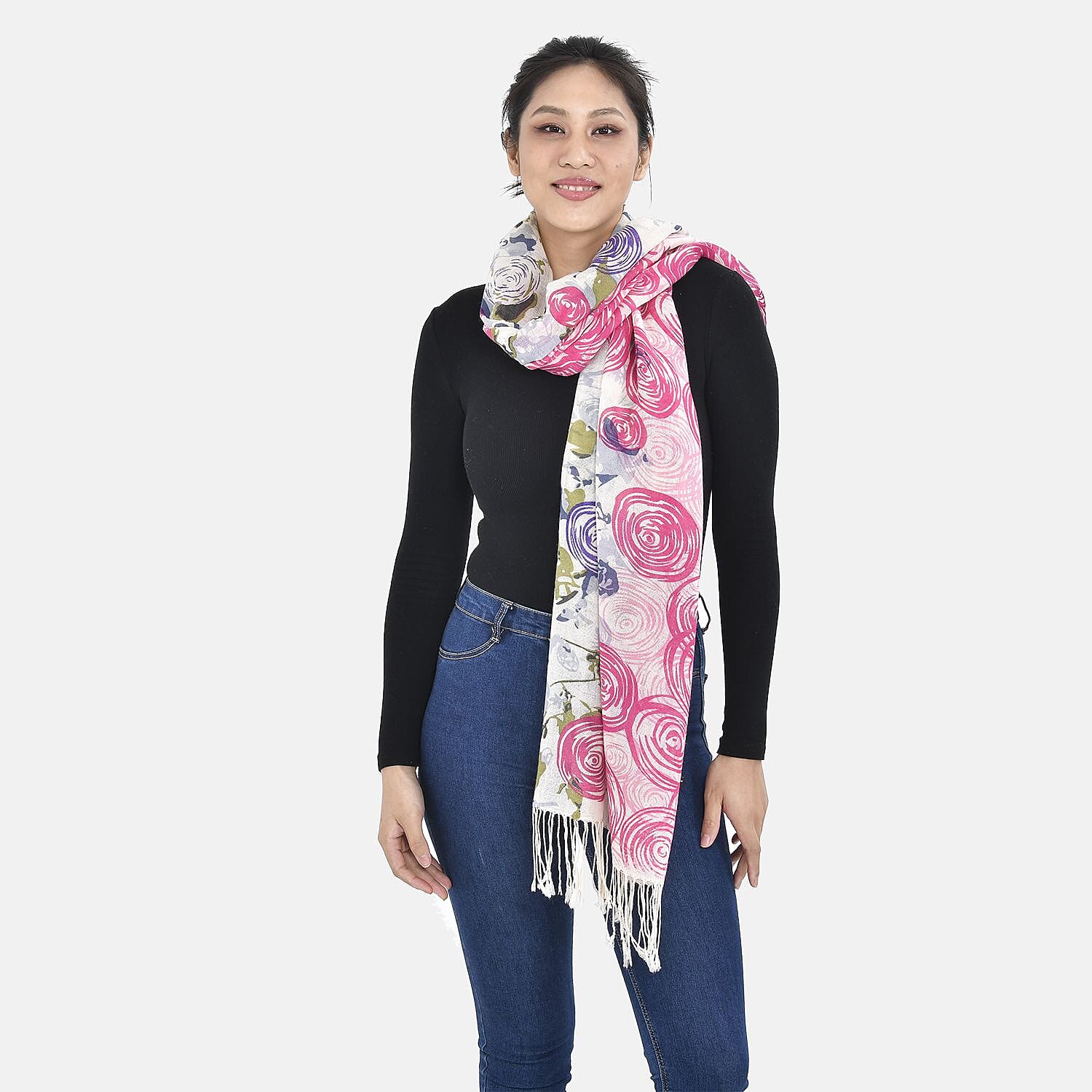 LA MAREY Thread Pattern 100% Merino Woolen Scarf (One Size, 175x65 cm) - Plum Red - White