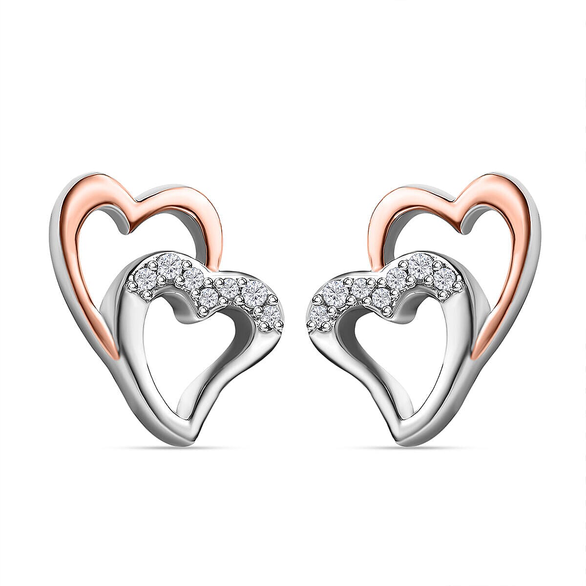 Diamond Stud Heart Earrings in Platinum Overlay and 18K Rose Gold Vermeil Plated Sterling Silver 0.10 Ct.