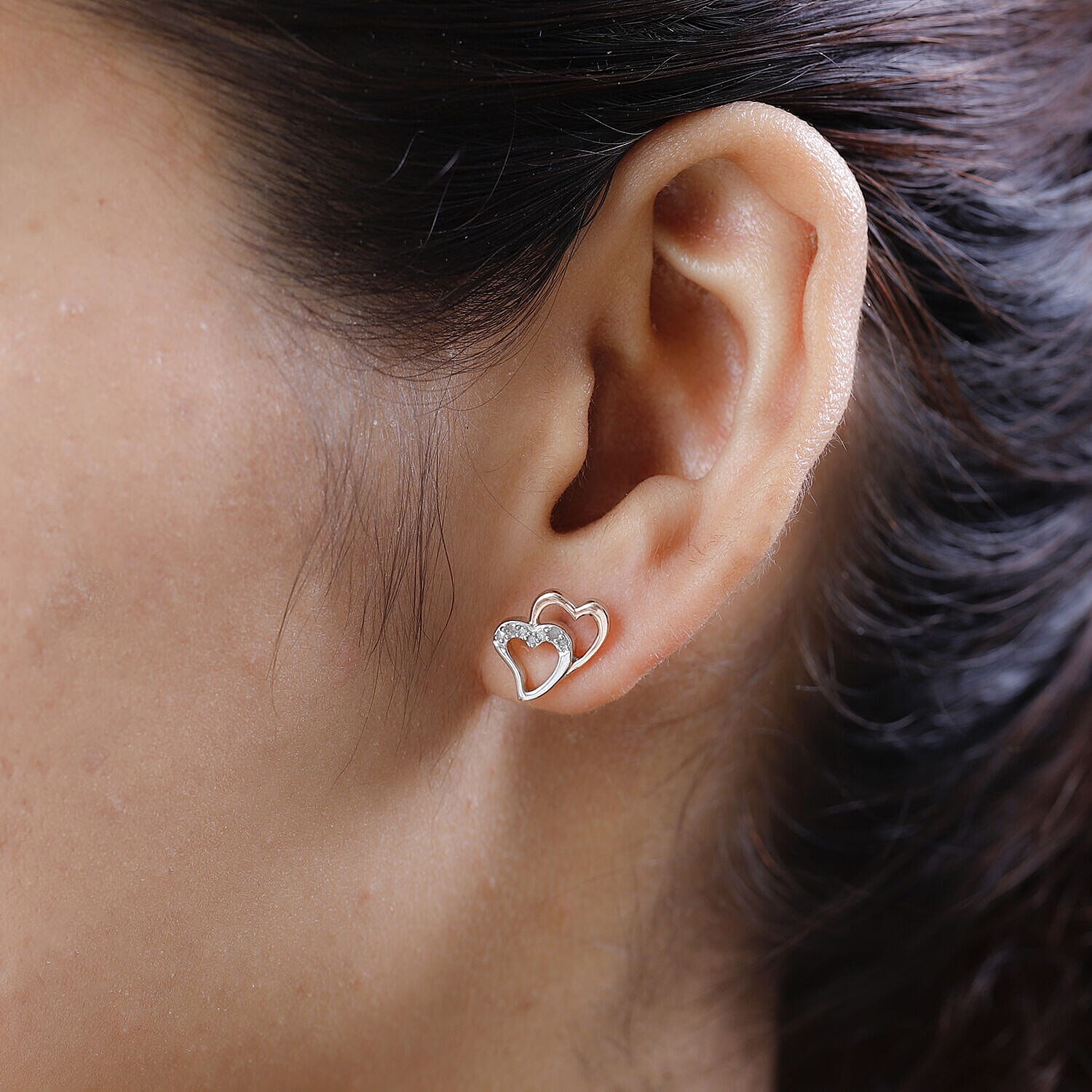 Diamond Stud Heart Earrings in Platinum Overlay and 18K Rose Gold Vermeil Plated Sterling Silver 0.10 Ct.