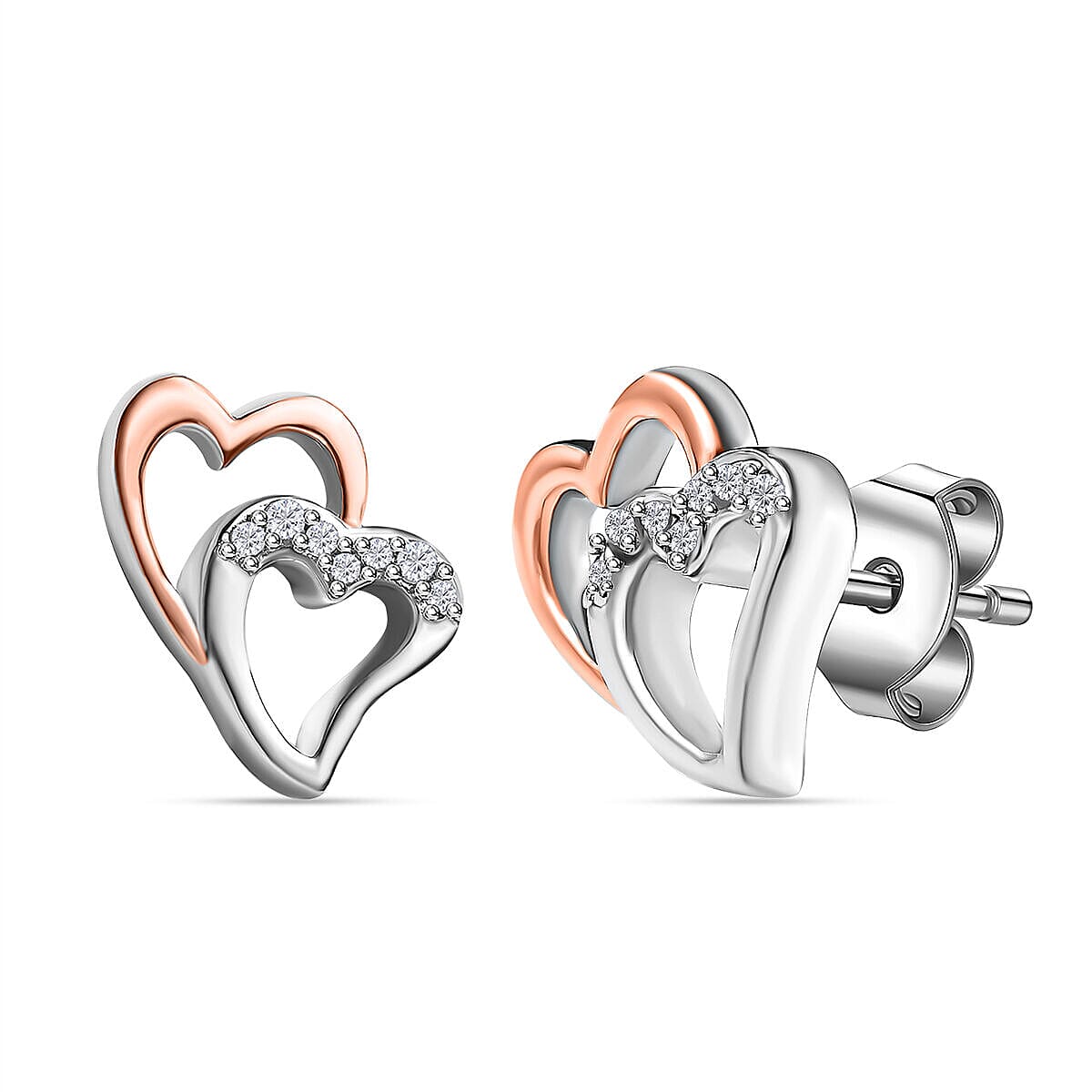 Diamond Stud Heart Earrings in Platinum Overlay and 18K Rose Gold Vermeil Plated Sterling Silver 0.10 Ct.