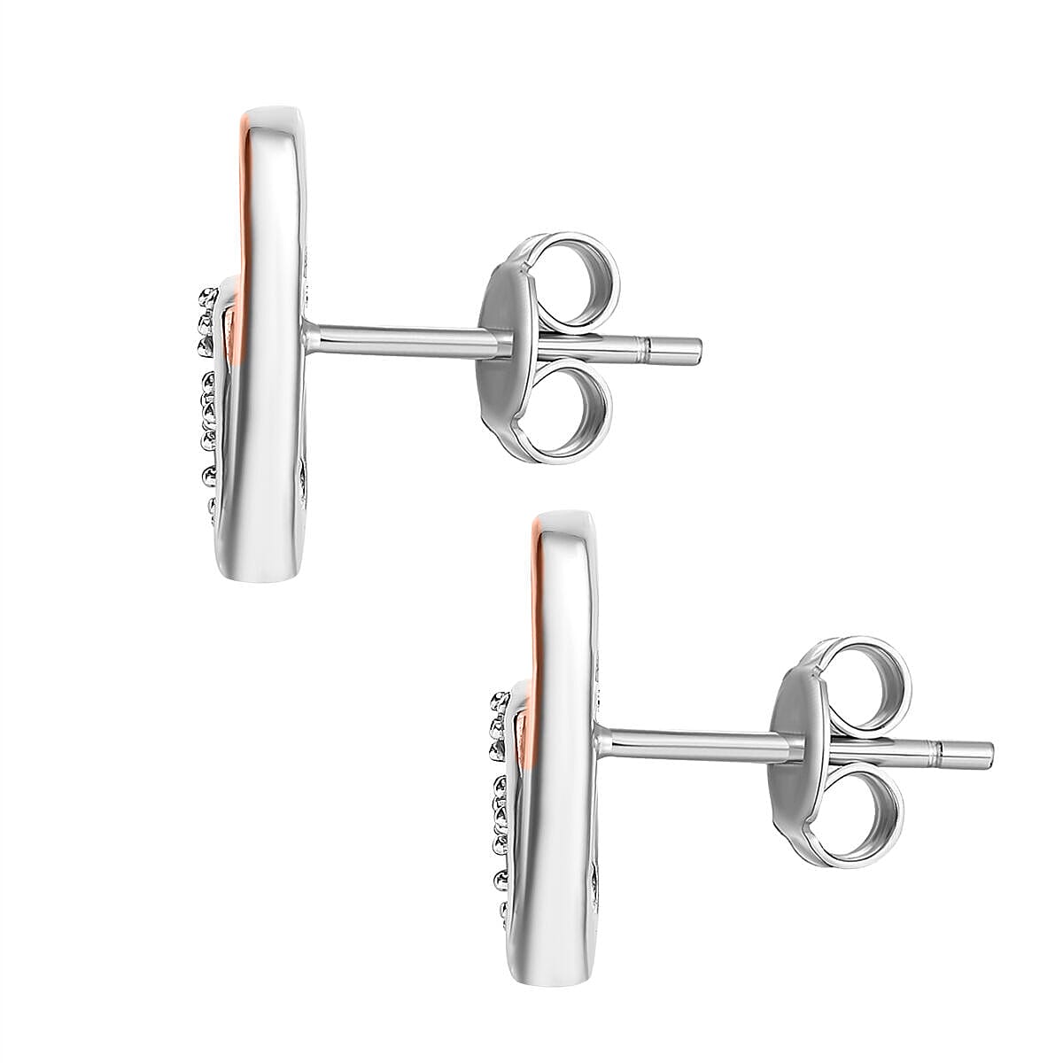Diamond Stud Heart Earrings in Platinum Overlay and 18K Rose Gold Vermeil Plated Sterling Silver 0.10 Ct.