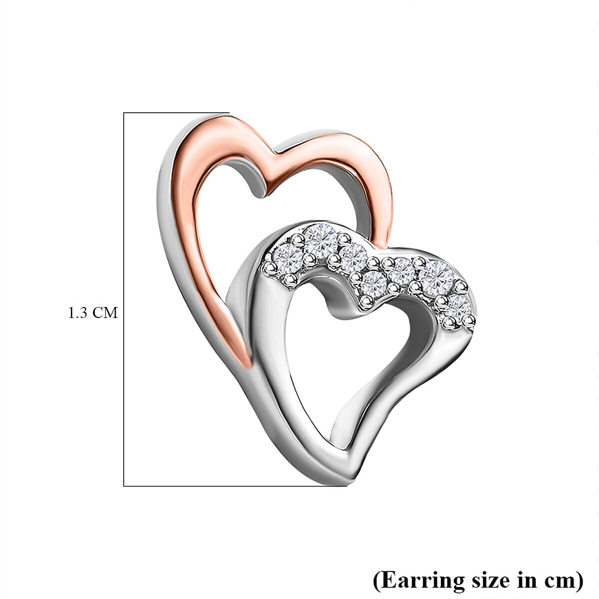 Diamond Stud Heart Earrings in Platinum Overlay and 18K Rose Gold Vermeil Plated Sterling Silver 0.10 Ct.