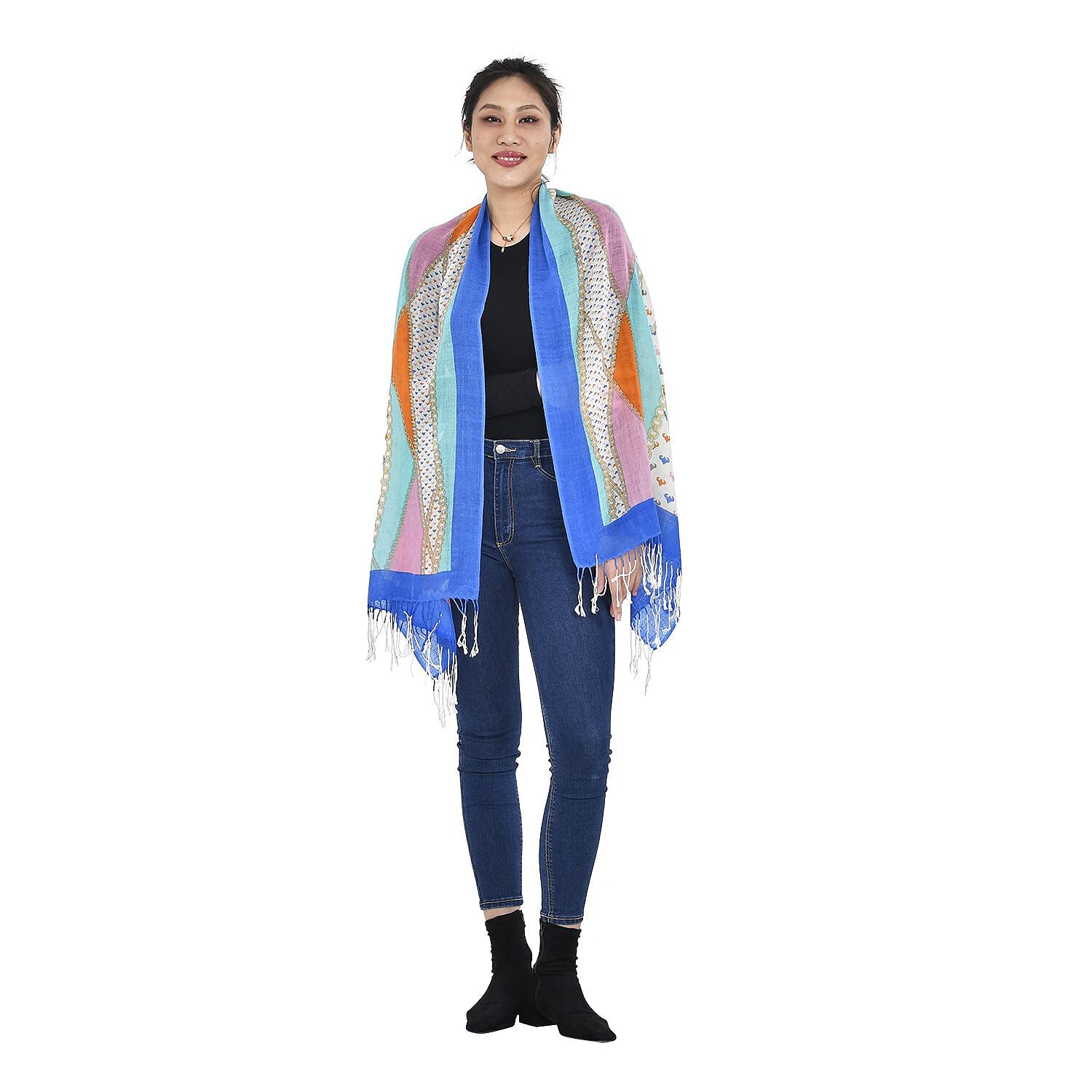 Close Out Deal - La Marey 100% Merino Wool Ribbon Pattern Scarf (Size 175x65 cm) -Blue