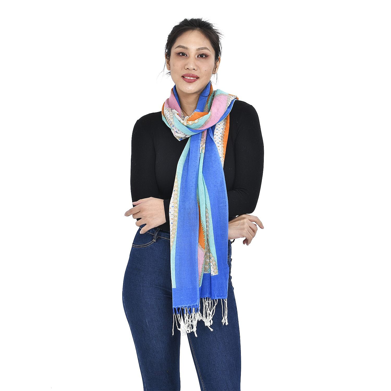 Close Out Deal - La Marey Merino Wool Ribbon Pattern Scarf - Green & Orange