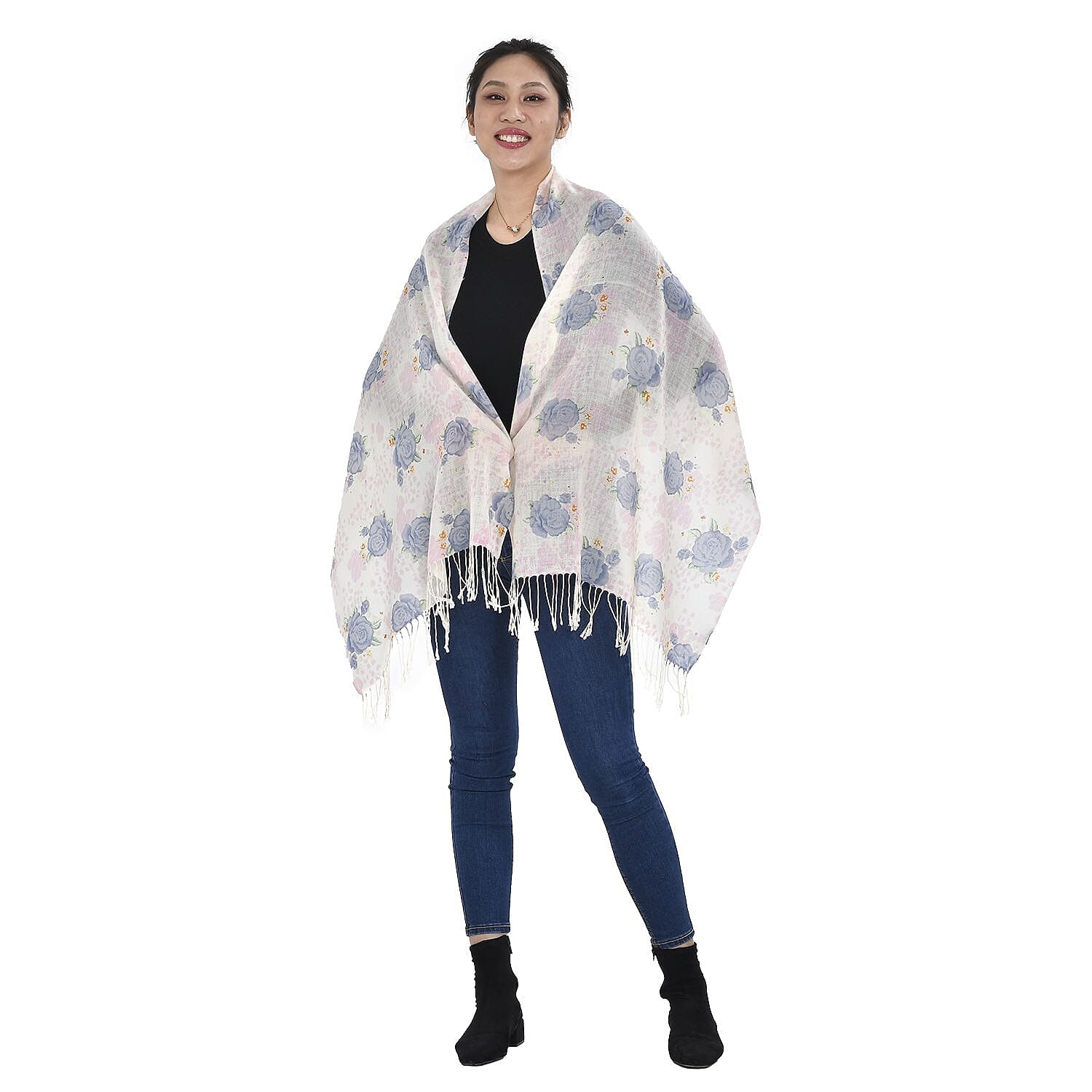 Close Out Deal - La Marey 100% Merino Wool Floral Pattern Scarf (One Size 175x65 cm) - Cream