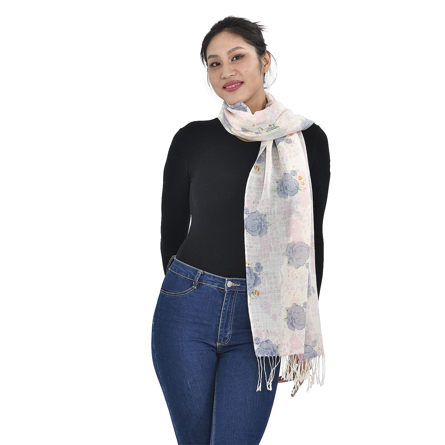 Close Out Deal - La Marey 100% Merino Wool Floral Pattern Scarf (One Size 175x65 cm) - Cream