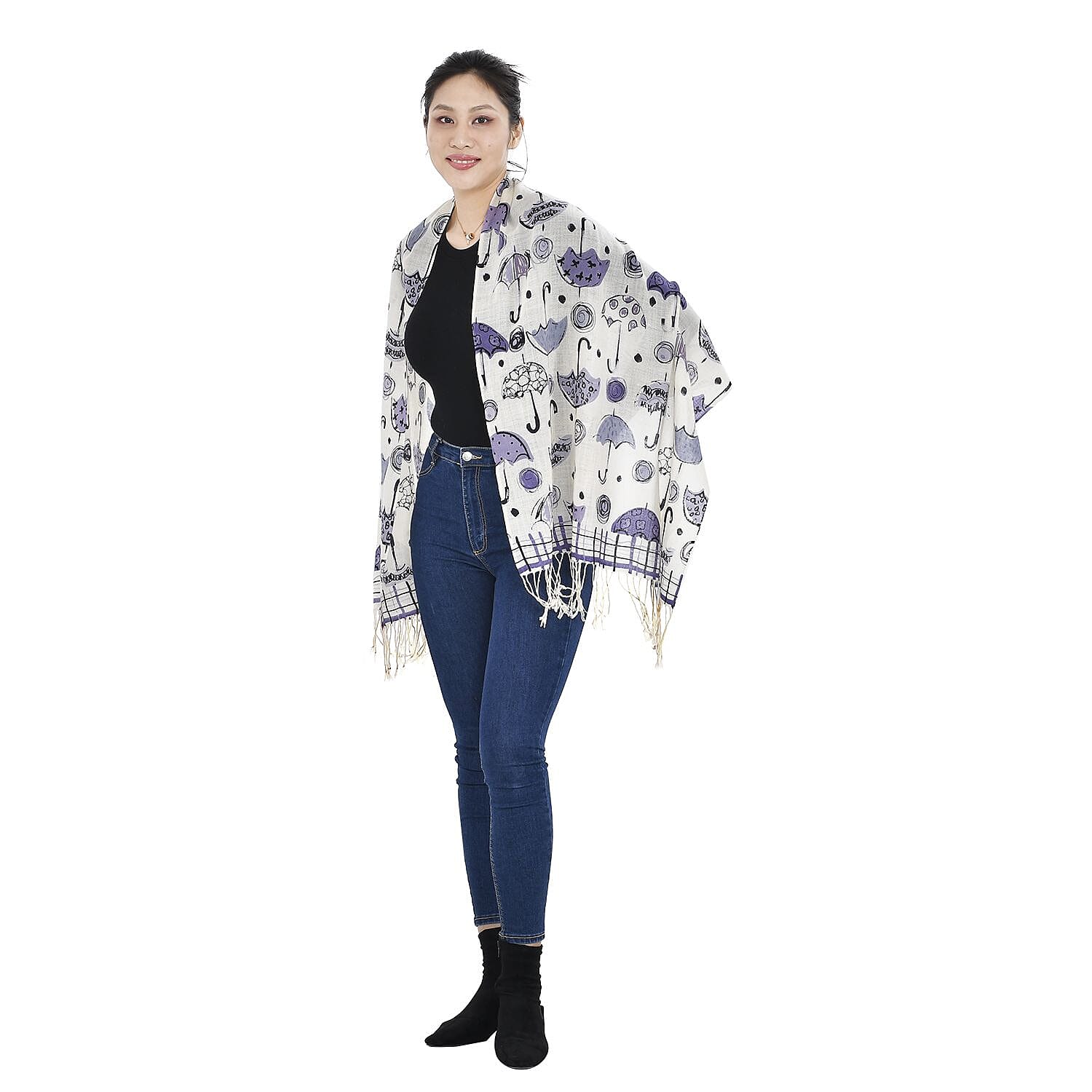 Close Out Deal - La Marey 100% Merino Wool Umbrella Pattern Scarf (One Size 175x65 cm) - Purple