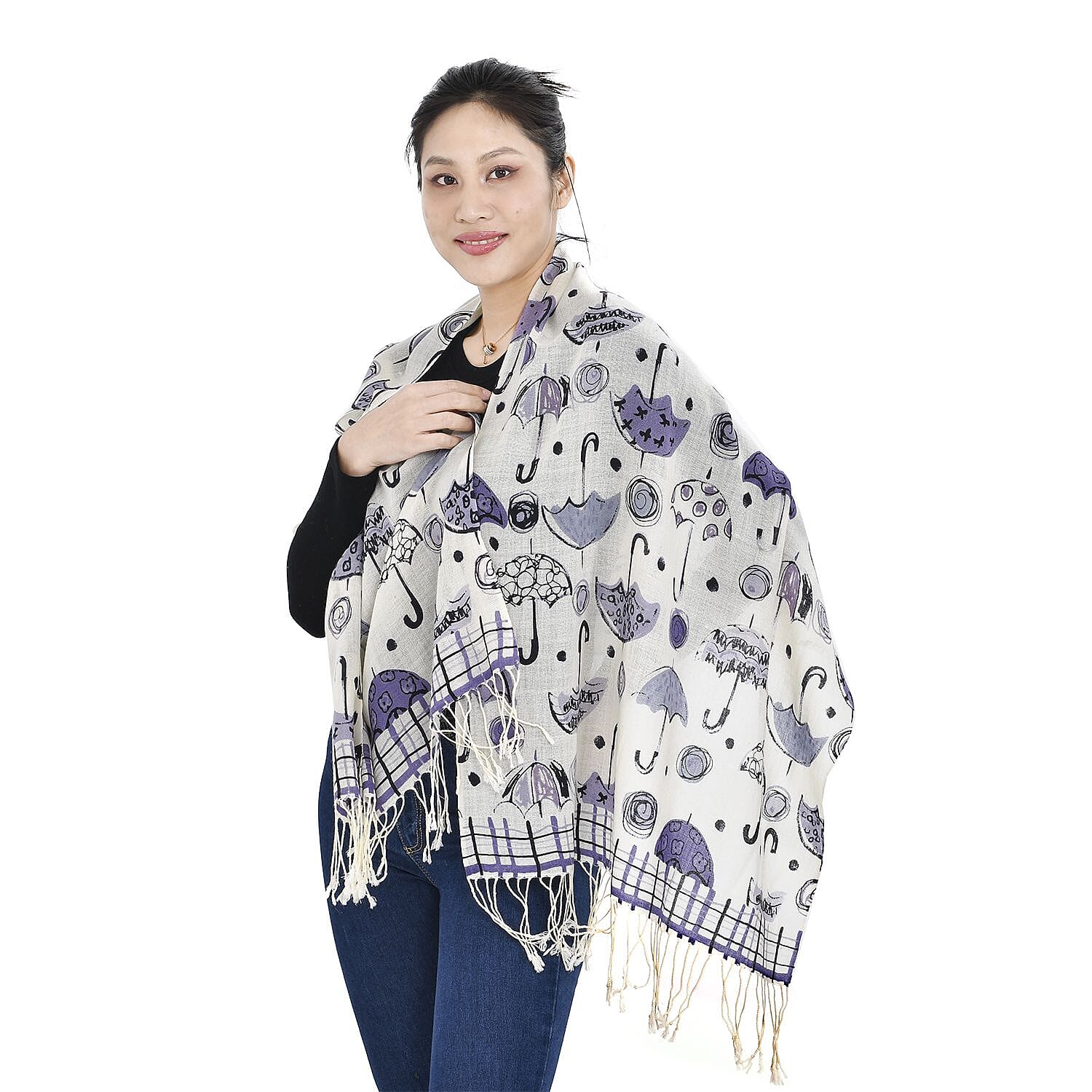 Close Out Deal - La Marey 100% Merino Wool Umbrella Pattern Scarf (One Size 175x65 cm) - Purple