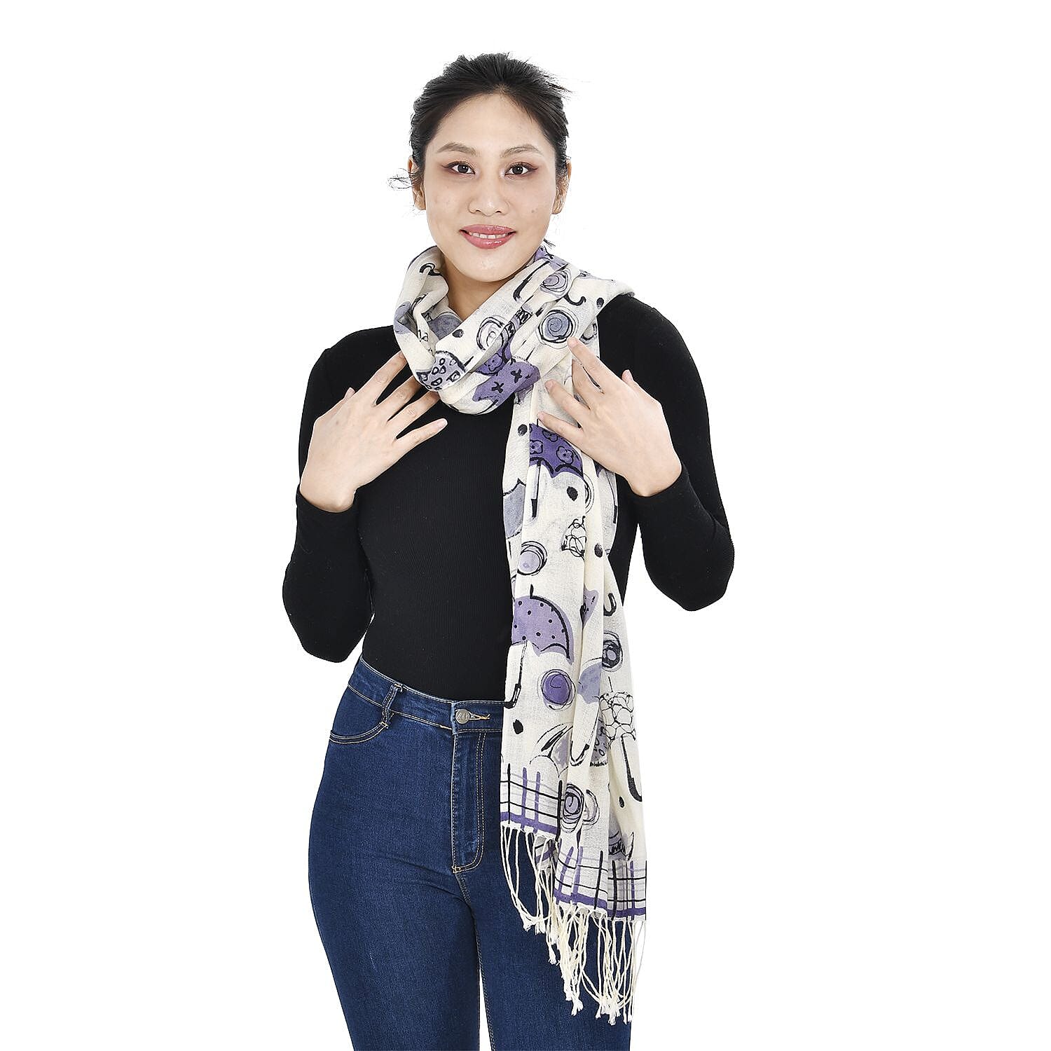 Close Out Deal - La Marey 100% Merino Wool Umbrella Pattern Scarf (One Size 175x65 cm) - Purple