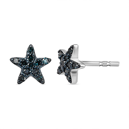 Blue Diamond Star Stud Earrings in Platinum Overlay Sterling Silver 0.15 Ct