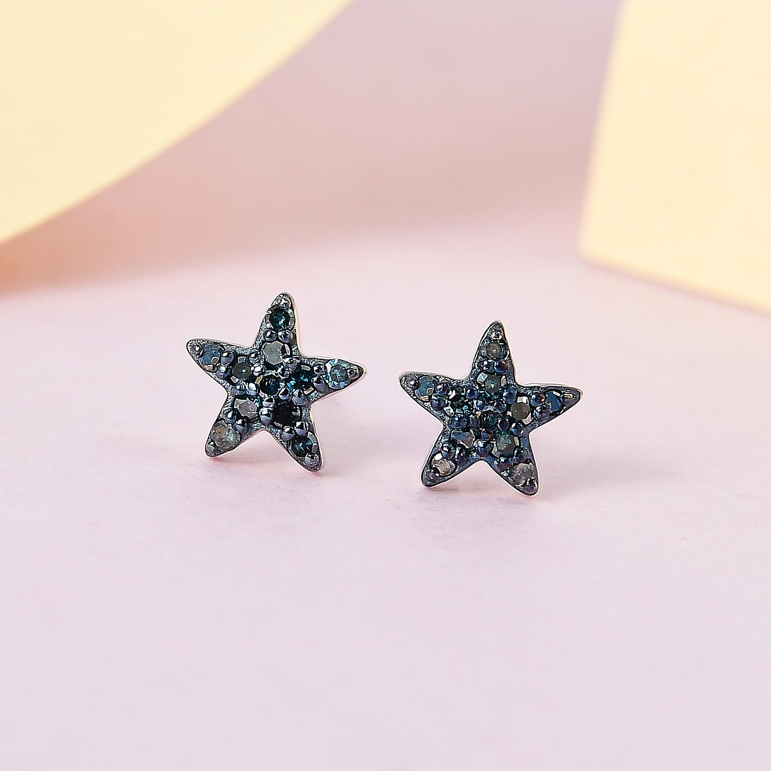Blue Diamond Star Stud Earrings in Platinum Overlay Sterling Silver 0.15 Ct