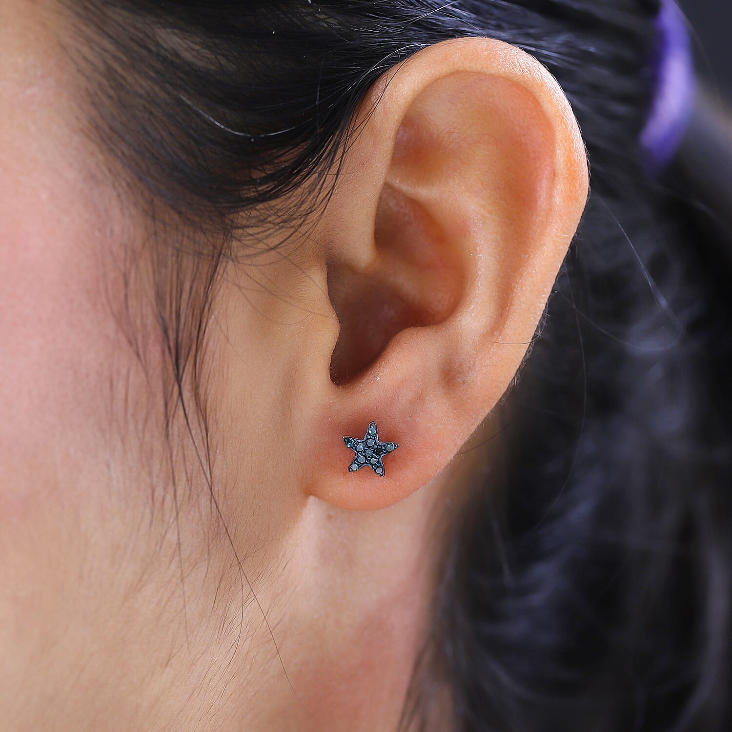 Blue Diamond Star Stud Earrings in Platinum Overlay Sterling Silver 0.15 Ct