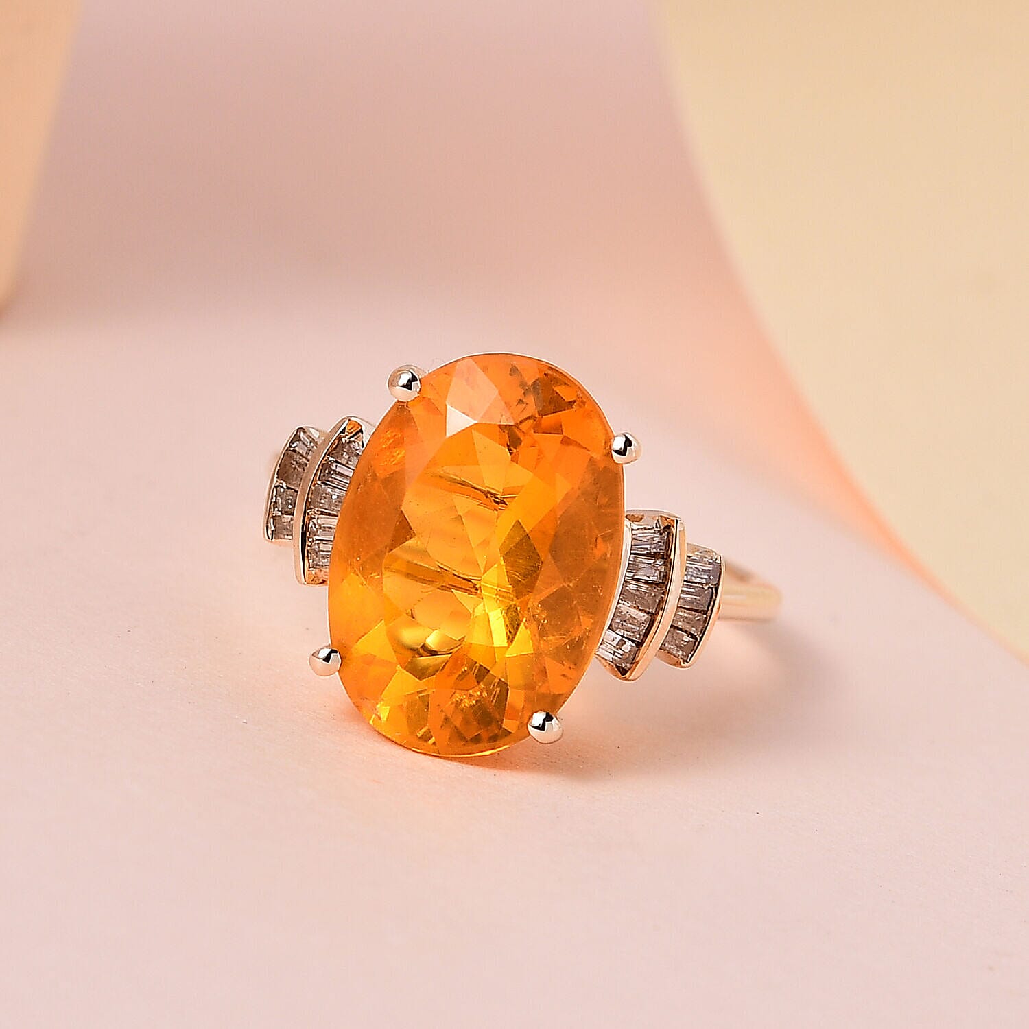 Extremely Rare Size- 9K Yellow Gold QUERETARO Fire Opal (OV 14X10 mm) and Diamond Ring 4.145 Ct.