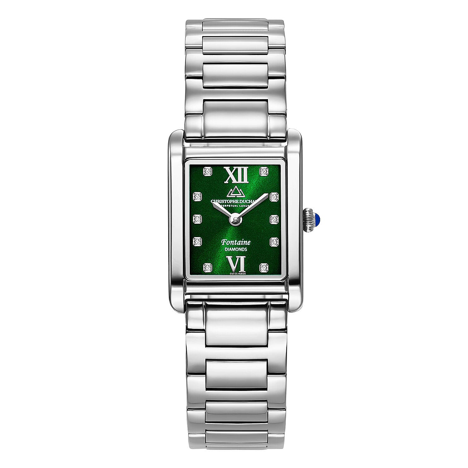 SWISS MADE Christophe Duchamp Fontaine Swiss Movt. Water Resistant Watch with 10 Diamonds (SI) and Sapphire Crystal Green Dial Silver Strap