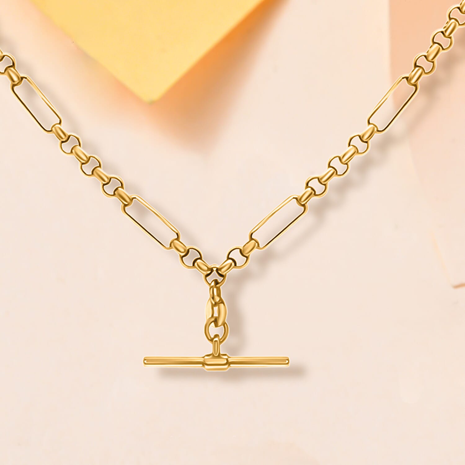 Vicenza Closeout 9K Yellow Gold T-Bar Figaro Belcher Necklace (Size - 18) with Albert Clasp, Gold Wt. 6.10 Gms