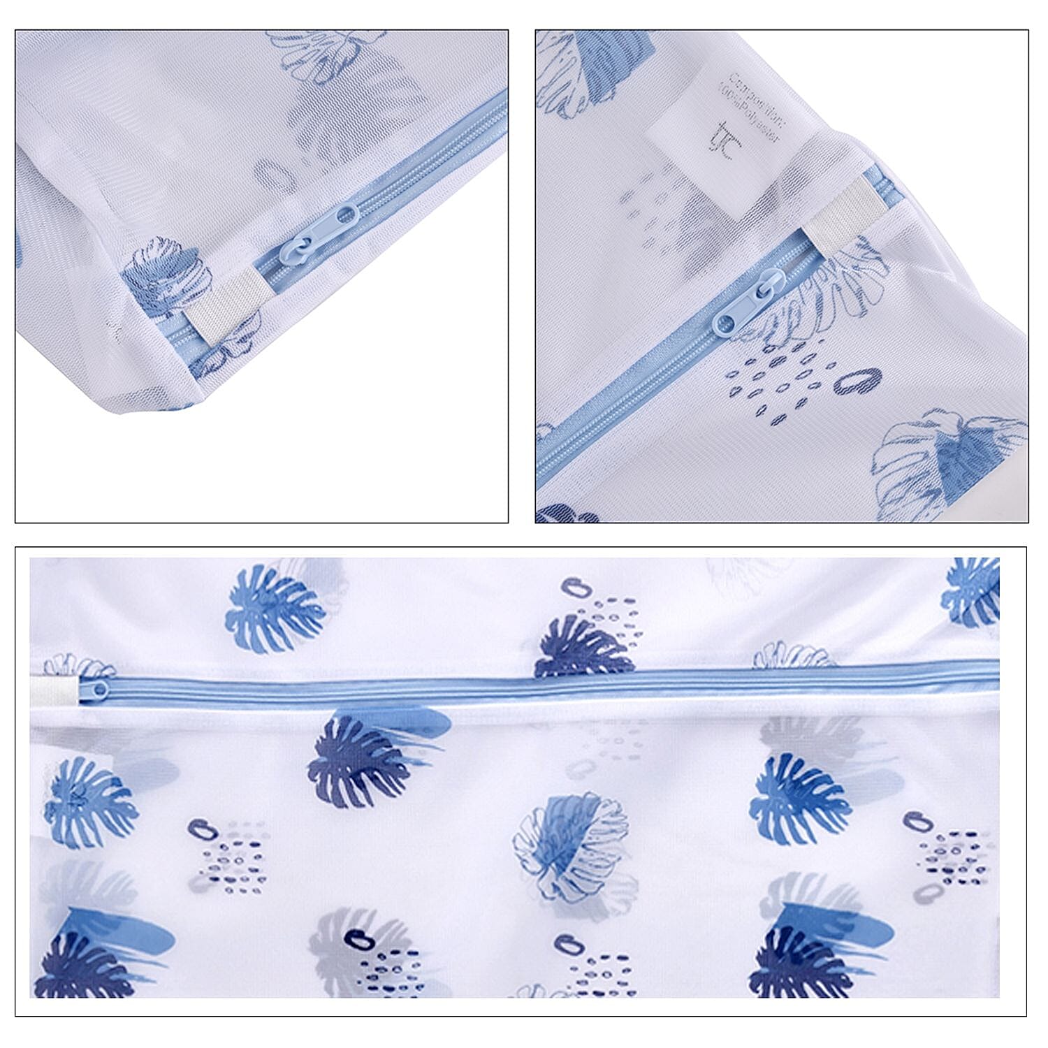 Set of 5 - Leaf Pattern Laundry Bags with Zip Closure - Blue