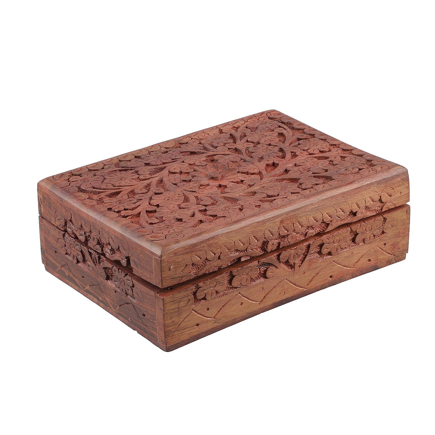 Hand Carved Tree Pattern Mango Wood Storage Box