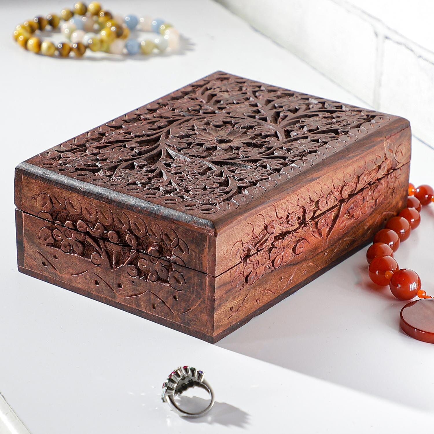Hand Carved Tree Pattern Mango Wood Storage Box