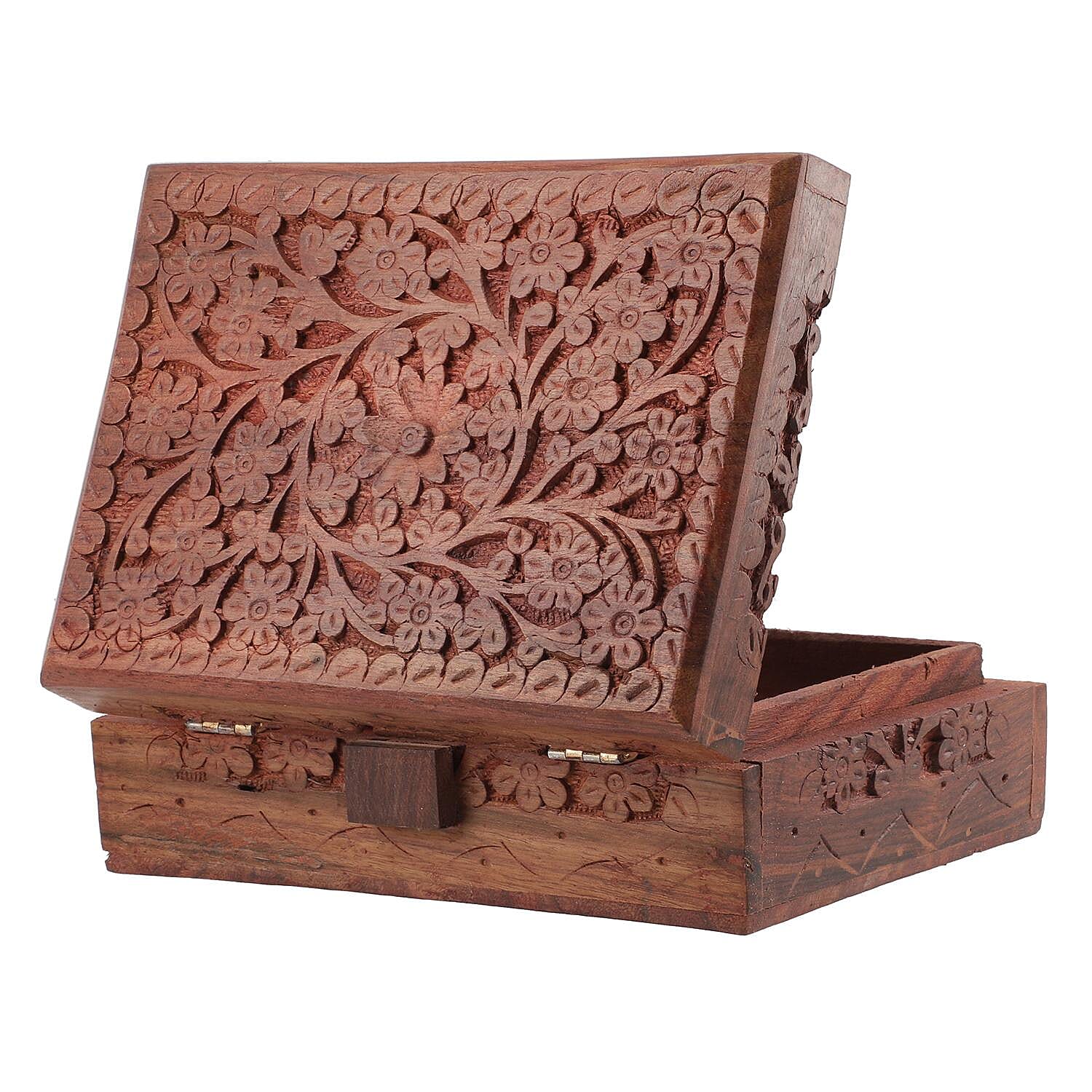 Hand Carved Tree Pattern Mango Wood Storage Box