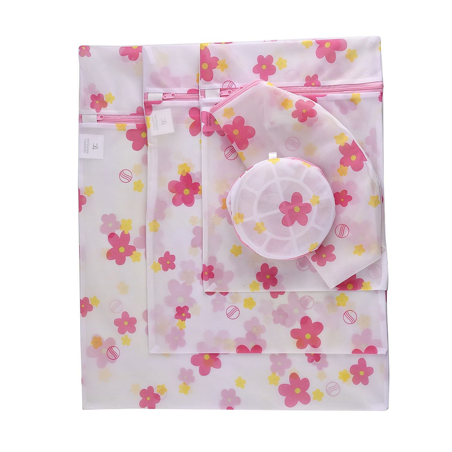 Set of 5 - Floral Pattern Laundry Bags with Zip Closure - Pink & Yellow