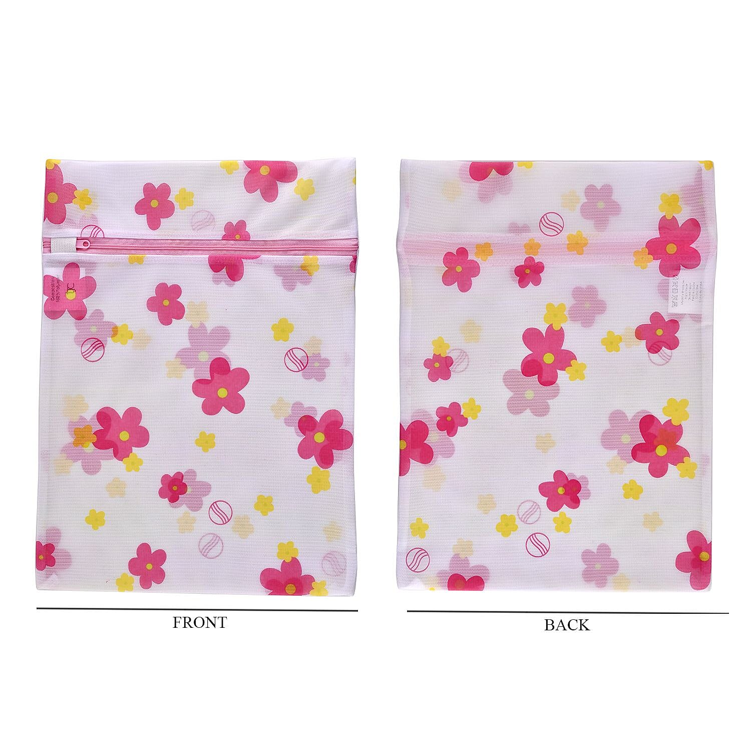 Set of 5 - Floral Pattern Laundry Bags with Zip Closure - Pink & Yellow