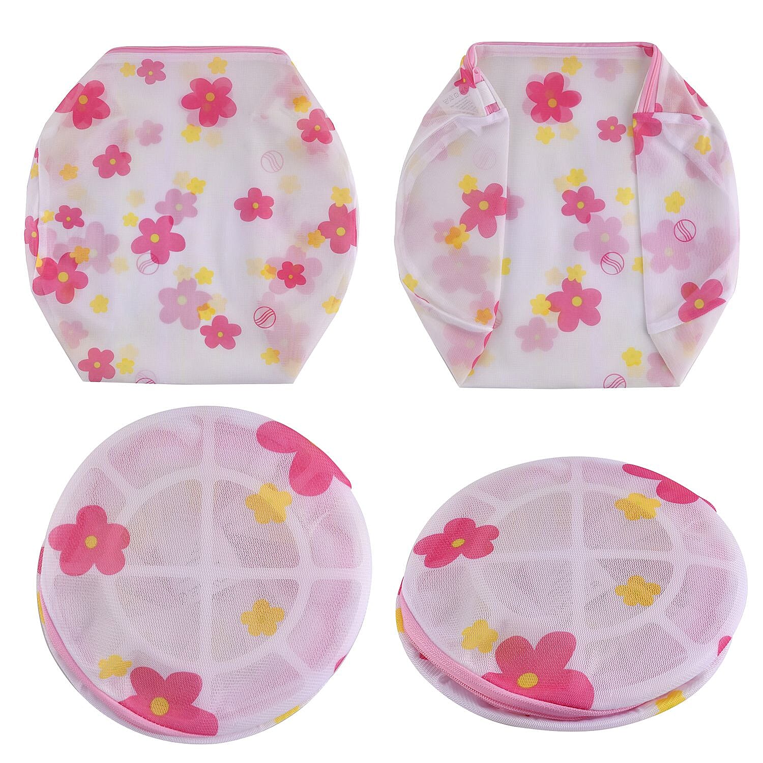 Set of 5 - Floral Pattern Laundry Bags with Zip Closure - Pink & Yellow