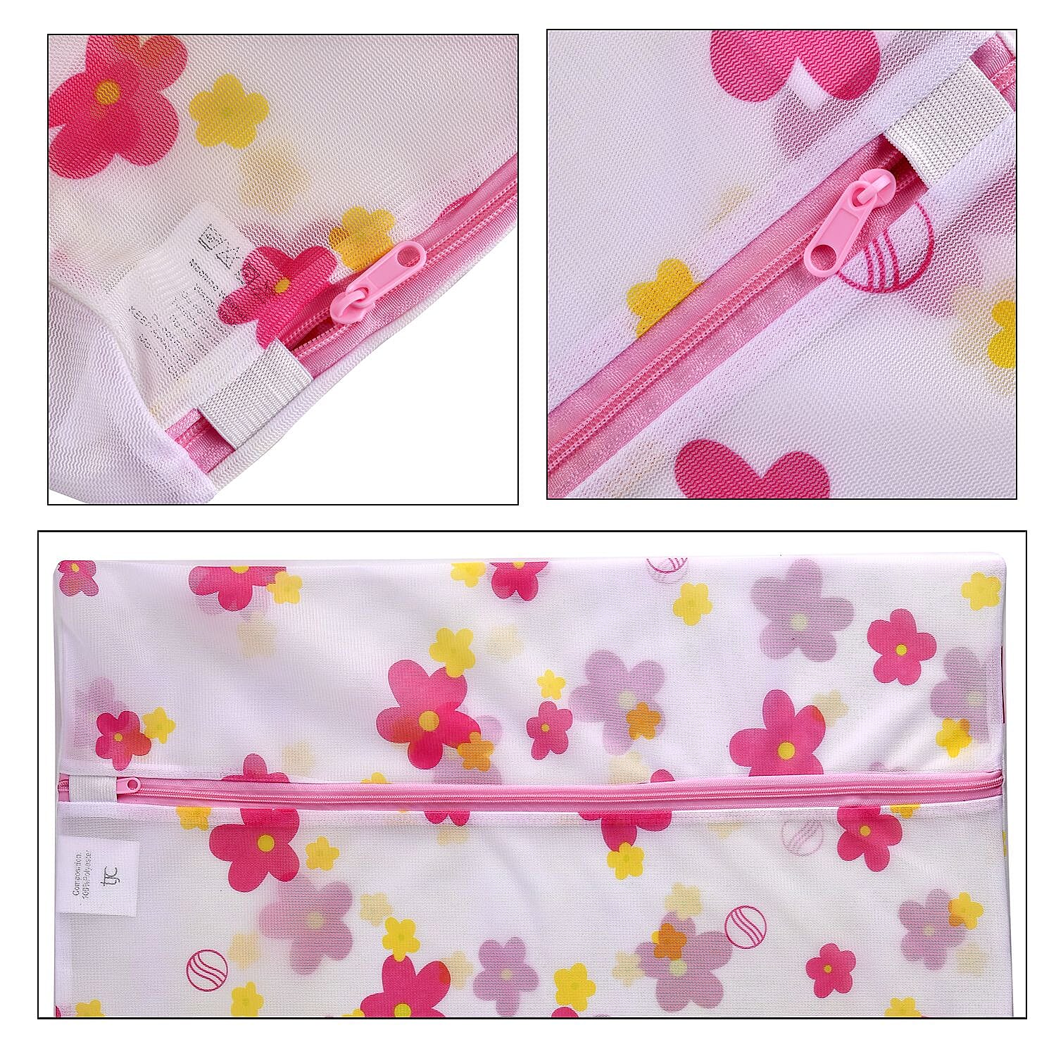 Set of 5 - Floral Pattern Laundry Bags with Zip Closure - Pink & Yellow