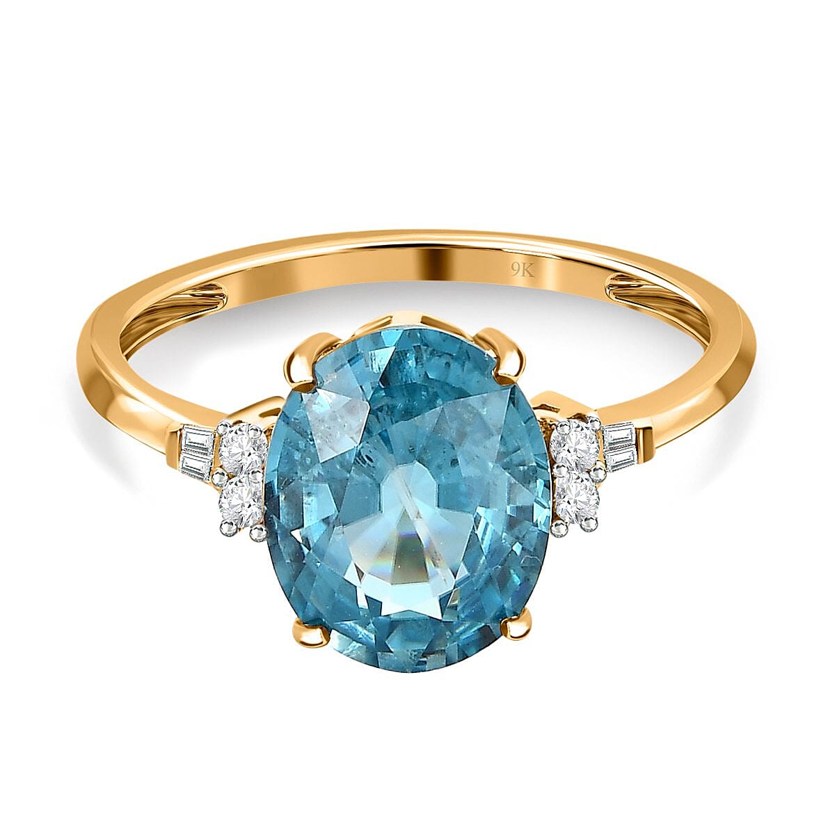9K Yellow Gold Ratanakiri Blue Zircon and Diamond (G-H) Ring 3.85 Ct