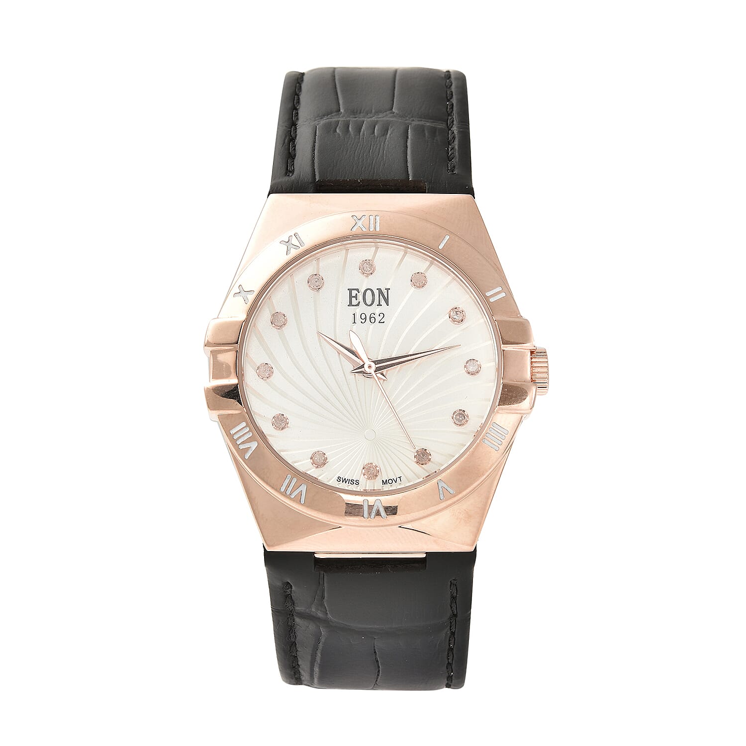 EON 1962 Swiss Movt. White Dial 12 Natural Champagne Diamond Studded Watch with Black Leather Strap