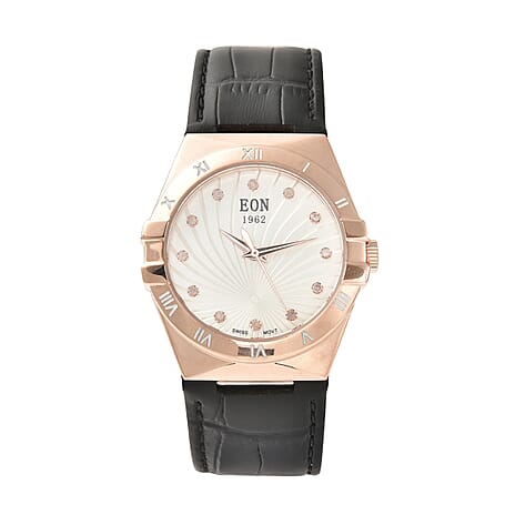 EON 1962 Swiss Movt. White Dial 12 Natural Champagne Diamond Studded Watch with Black Leather Strap