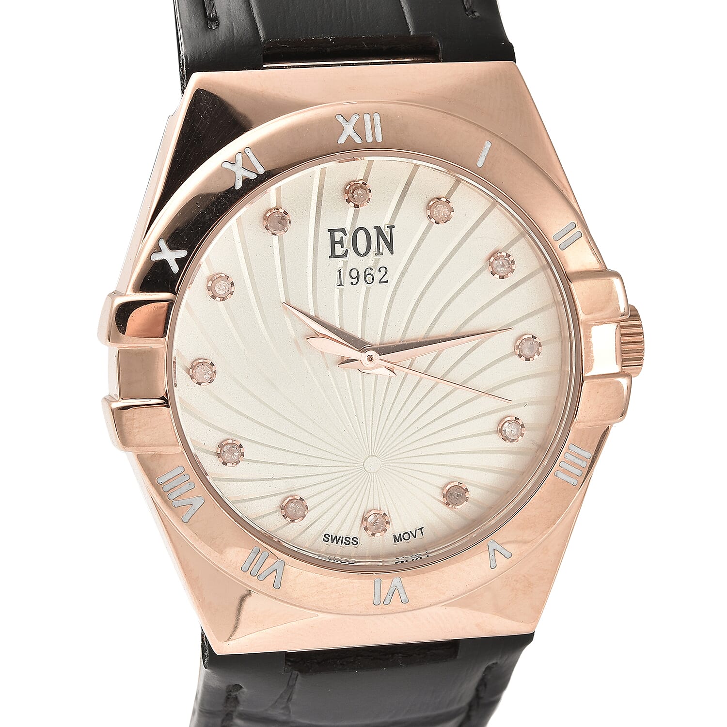 EON 1962 Swiss Movt. White Dial 12 Natural Champagne Diamond Studded Watch with Black Leather Strap