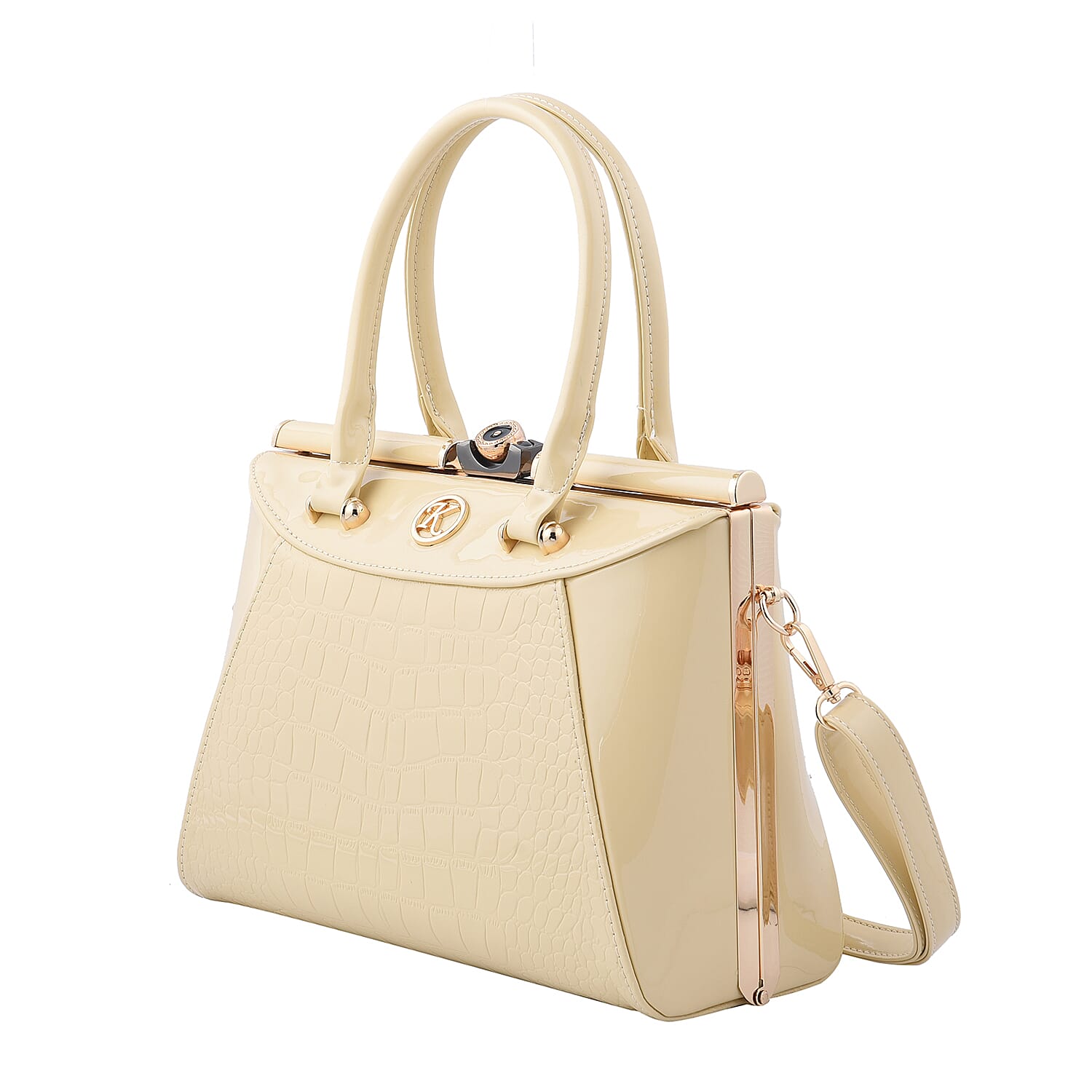BOUTIQUE COLLECTION Croc Pattern Satchel Bag with Detachable and Adjustable Shoulder Strap (Size 30x22x13 Cm) - Beige