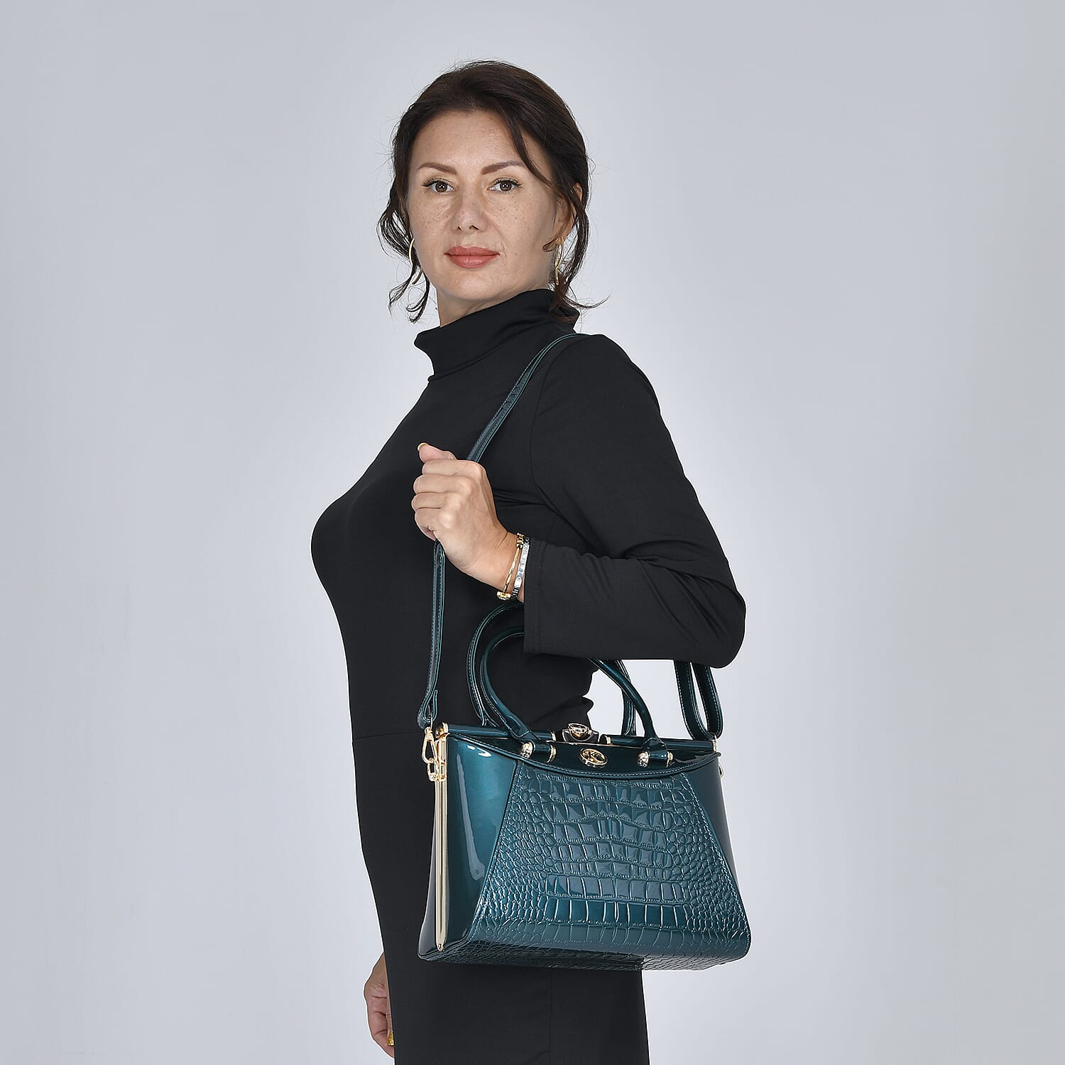 BOUTIQUE COLLECTION Croc Pattern Satchel Bag with Detachable and Adjustable Shoulder Strap (Size 30x13x22 Cm) - Green