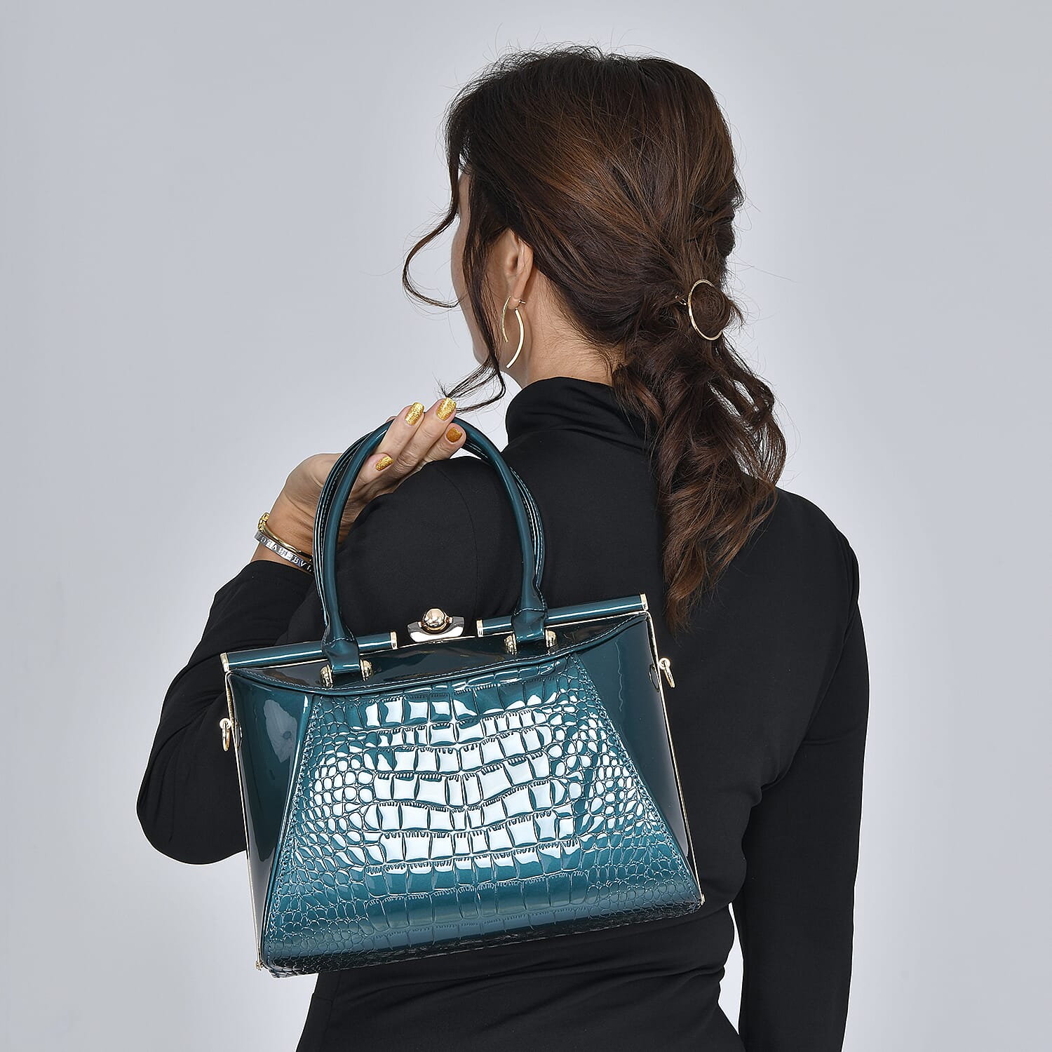 BOUTIQUE COLLECTION Croc Pattern Satchel Bag with Detachable and Adjustable Shoulder Strap (Size 30x13x22 Cm) - Green