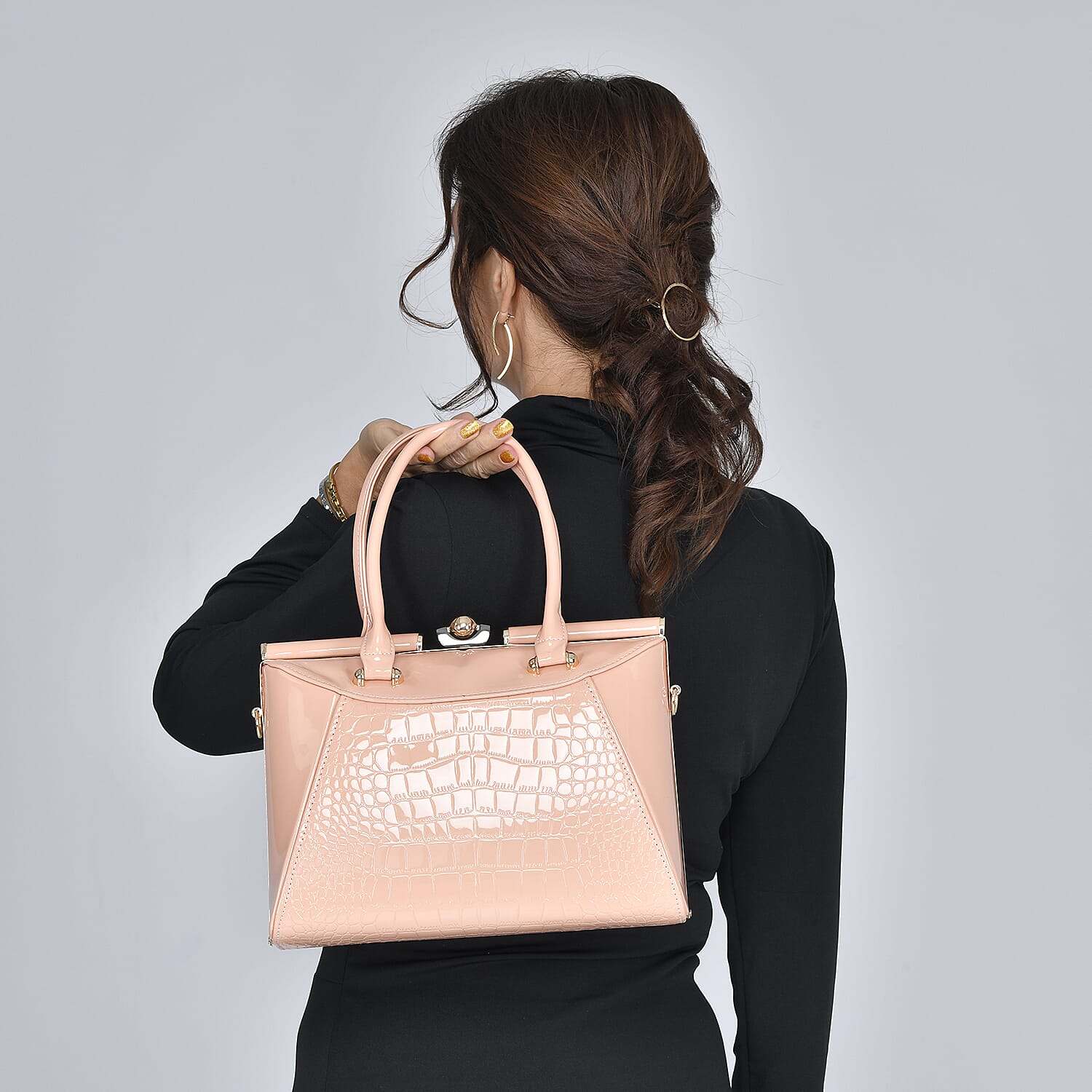 BOUTIQUE COLLECTION Croc Pattern Satchel Bag with Detachable and Adjustable Shoulder Strap (Size 30x13x22 Cm) - Pink