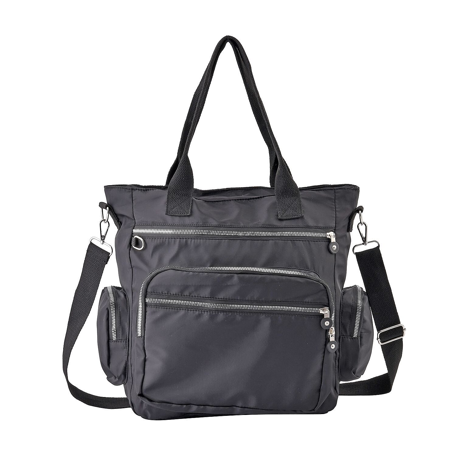 Multi Pockets Tote Bag with Handel Drop and Shoulder Strap (Size 36x33x15 Cm) - Black