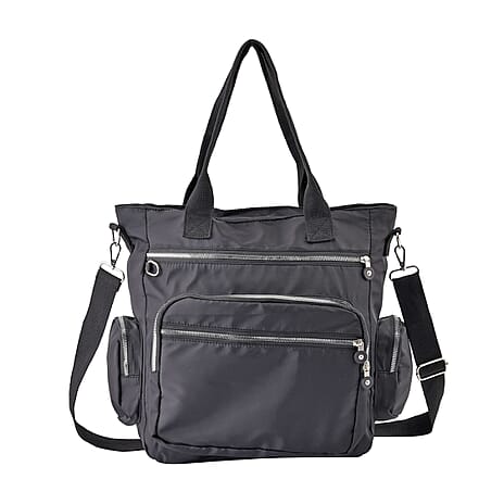Multi Pockets Tote Bag with Handel Drop and Shoulder Strap (Size 36x33x15 Cm) - Black