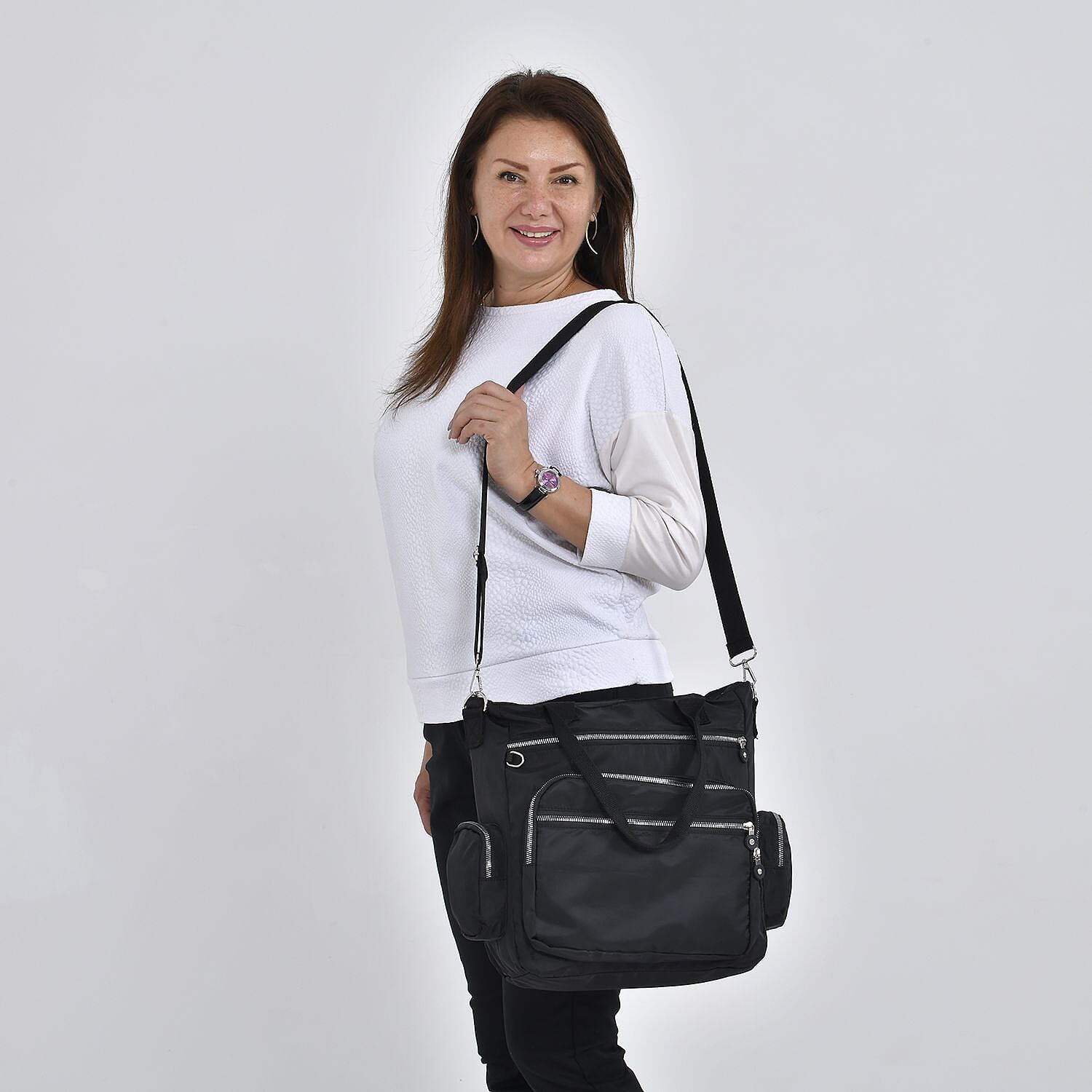 Multi Pockets Tote Bag with Handel Drop and Shoulder Strap (Size 36x33x15 Cm) - Black