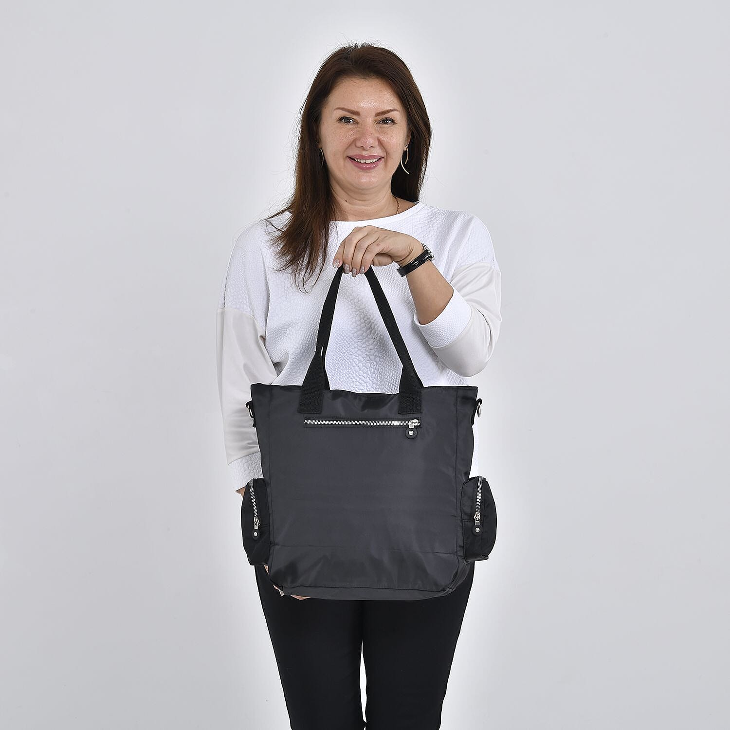 Multi Pockets Tote Bag with Handel Drop and Shoulder Strap (Size 36x33x15 Cm) - Black