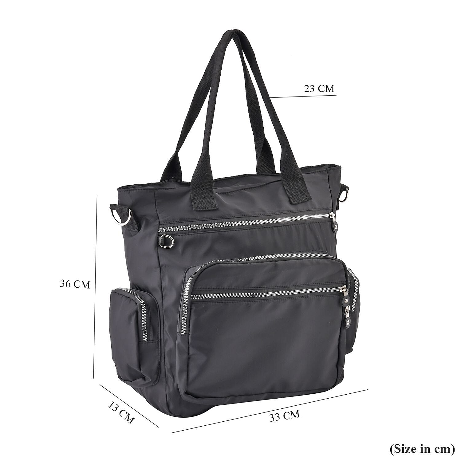 Multi Pockets Tote Bag with Handel Drop and Shoulder Strap (Size 36x33x15 Cm) - Black